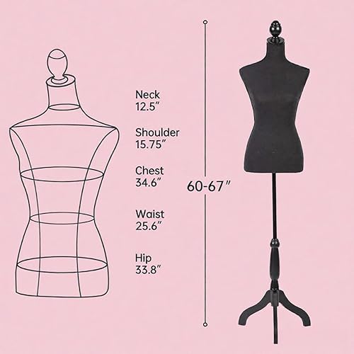 Miniatura 3 de Adjustable Female Dress Form Mannequin, 60 to 67 Inch Height Adjustable Torso Display with Tripod Stand for Clothing, Shop Window, Photography, Black