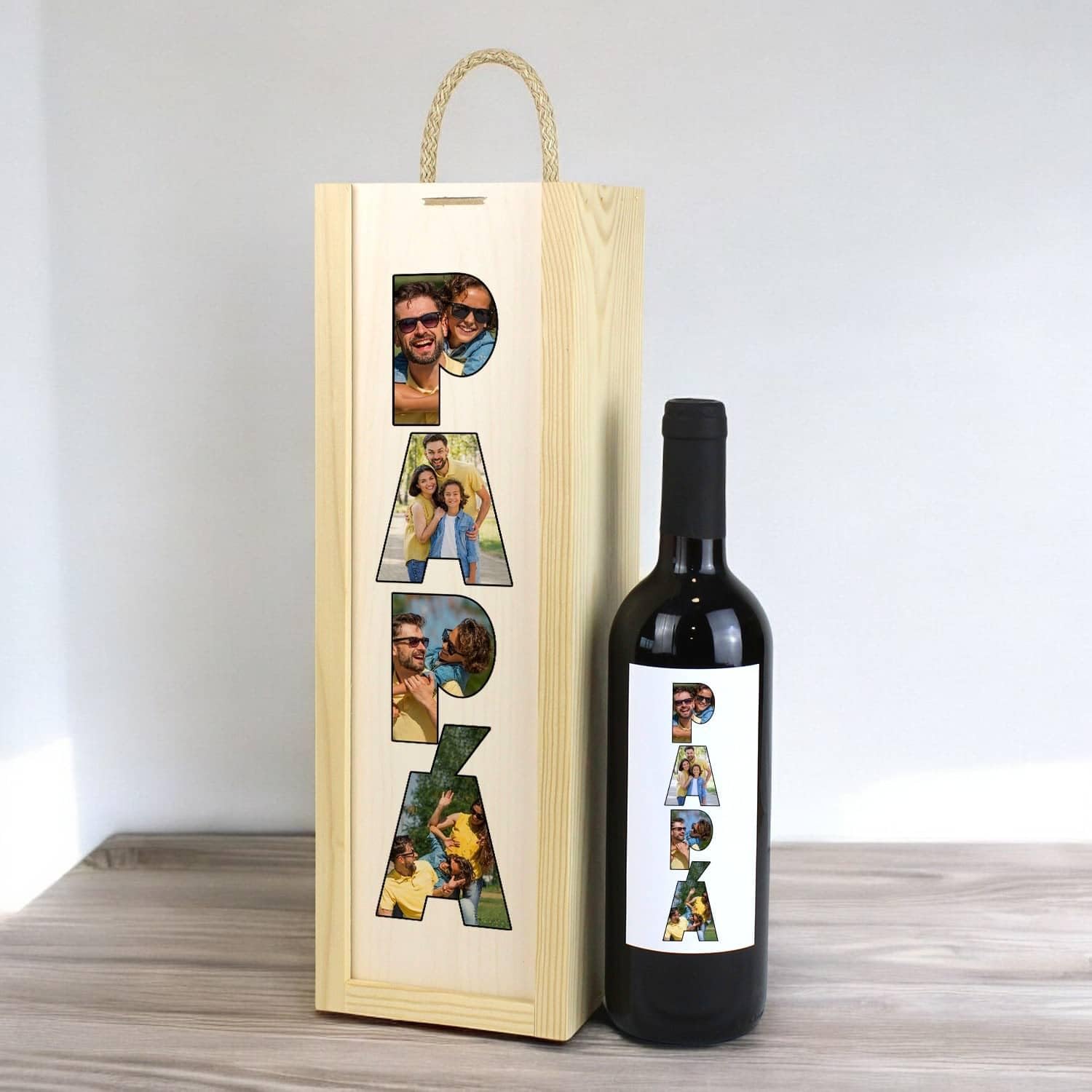 Botella de Vino Personalizada con Fotos Papá Caja Regalo Día del Padre