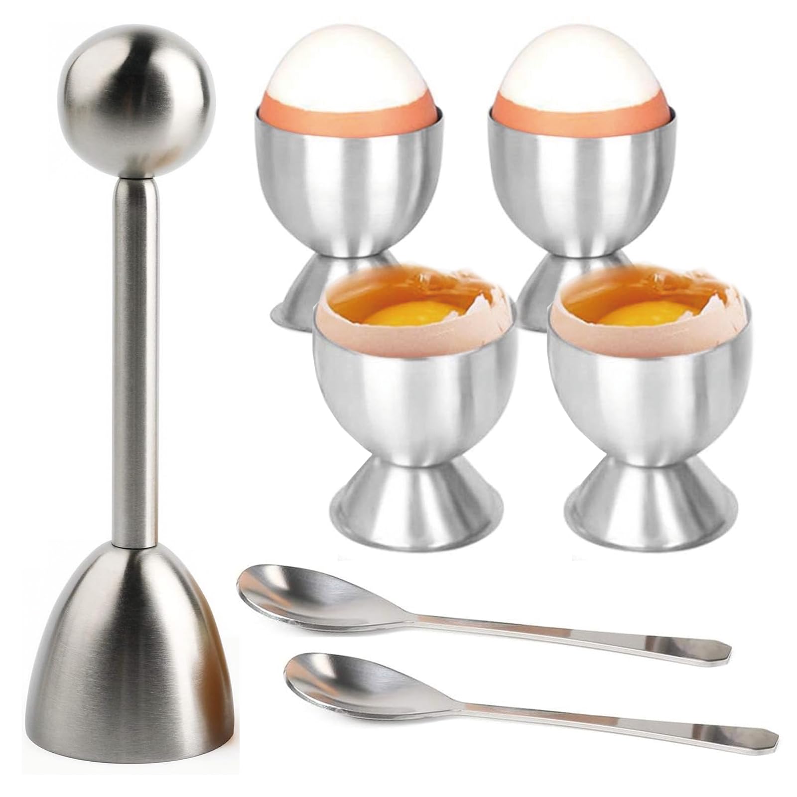 9 Piece Egg Topper Set for Boiled Eggs, Egg Topper Cutter and Egg Cracker Tool for Kitchen Use, Stainless Steel Construction with 4 Cups and 4 Spoons