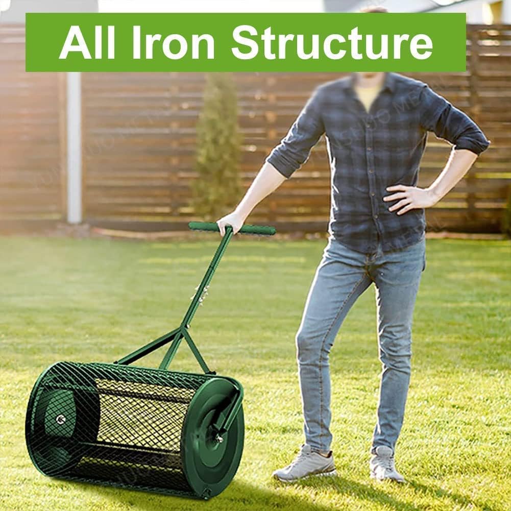 Lawn & Garden Spreaders, 24 inch Peat Moss Spreader, Heavy Duty Metal Mesh Roller Push/Tow Spreader - Compost, Peat Moss, Top Soil, Mulch-Garden & Lawn Care - Walk and Push Basket Sifter for Yard