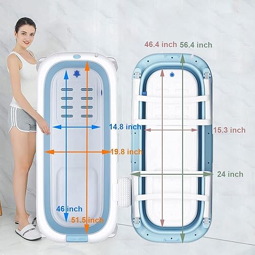 Miniatura 2 de W WEYLAN TEC Bañera plegable extra grande de lujo de 55 pulgadas para niños pequeños, gemelos adultos con tapa y mango de drenaje, color azul