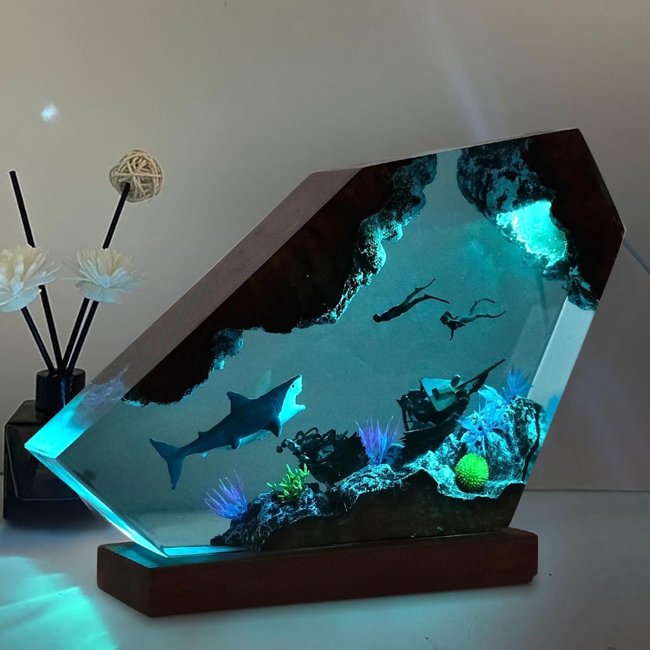 Shark Ocean Resin Lamp, Handmade Resin Night Light for Home Office Decor, Multi-Color LED Light with USB Port, Shark Gifts for Women & Men, Birthday Holiday Marine Biology Gifts for Kids (6"x4") - Image 7
