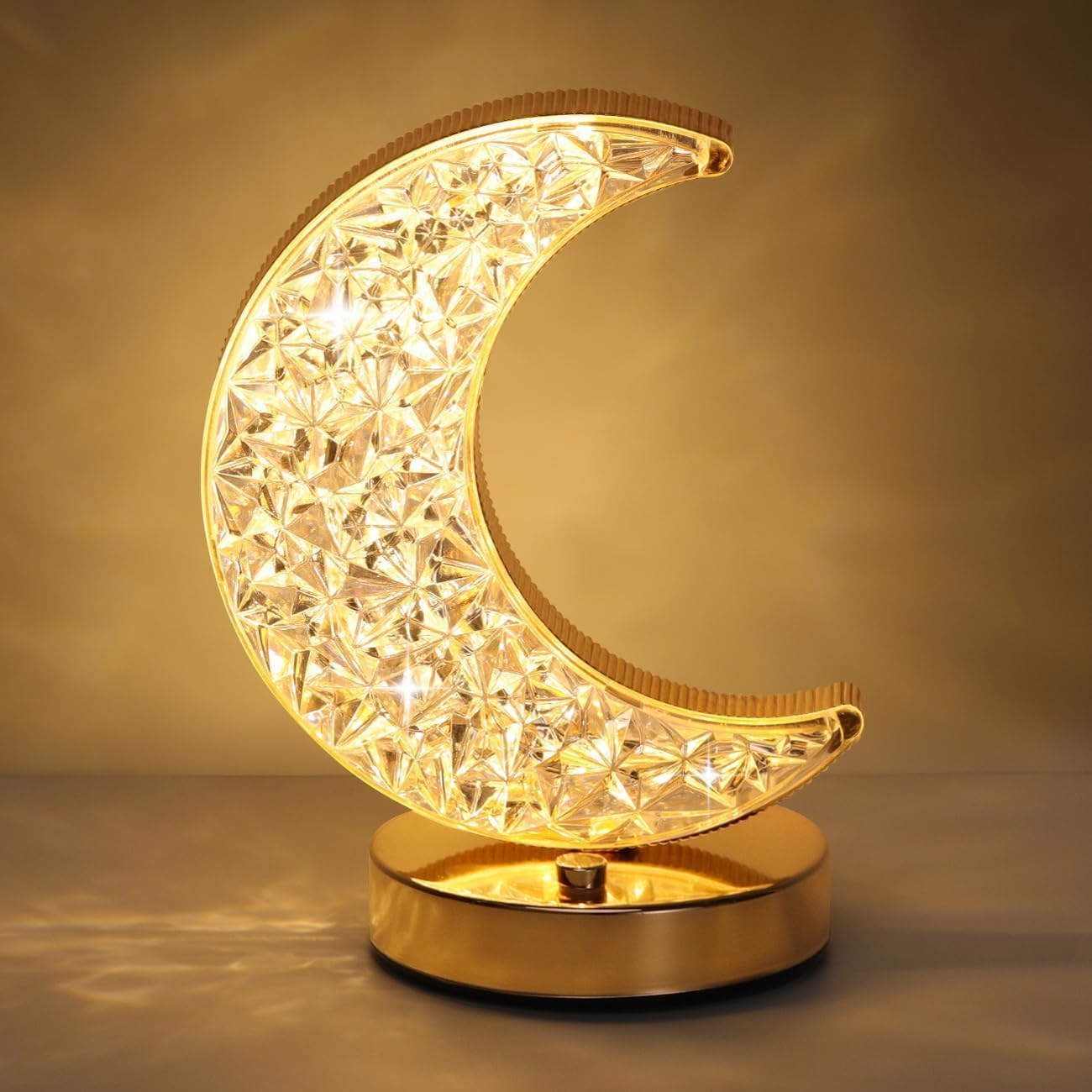 Crystal Moon Shape Table Lamp with Touch Dimming, 3 Colour Modes, Rechargeable Night Light for Ramadan, Bedroom, Living Room Decoration, Gold Base, 16cm x 18cm