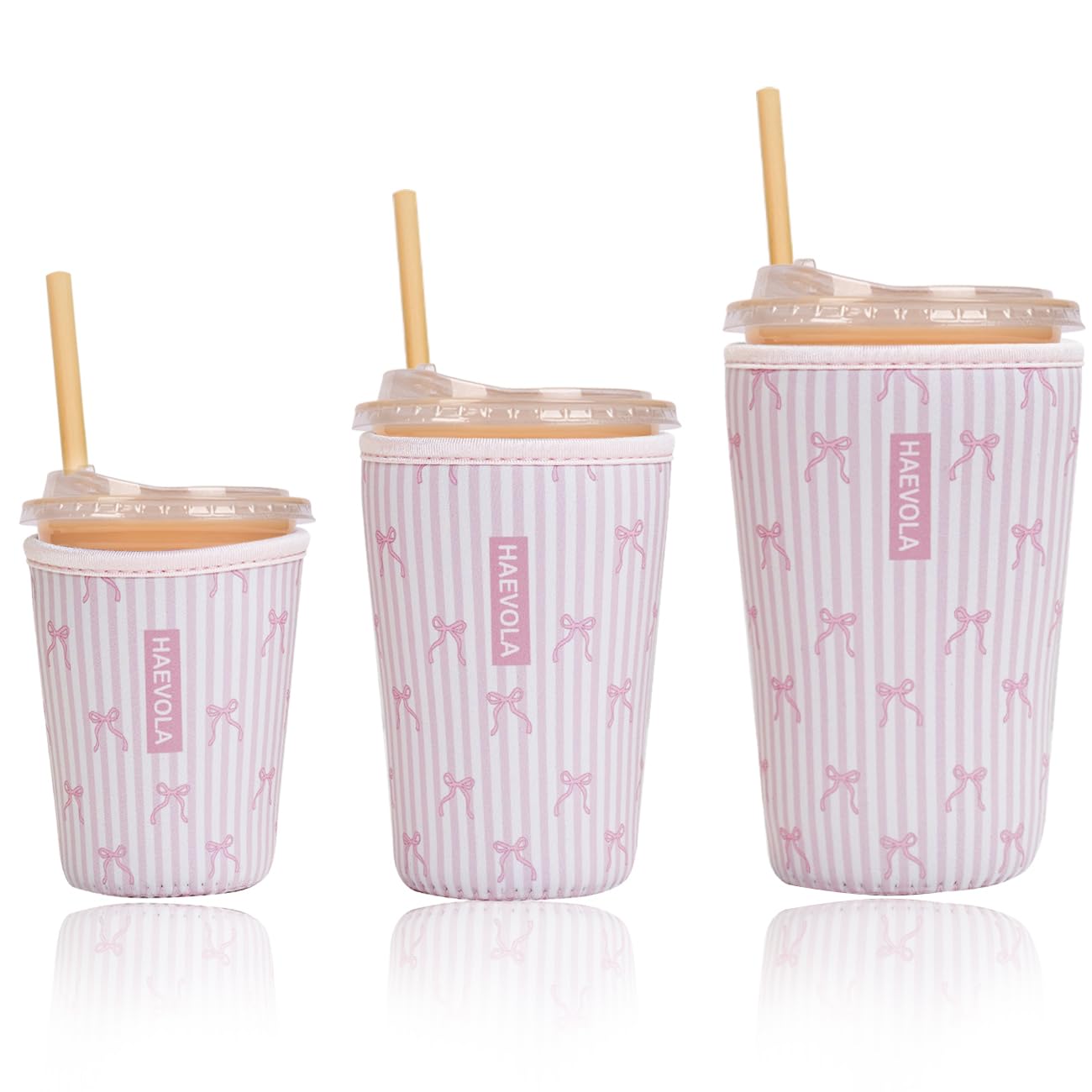 Reusable Insulated Neoprene Iced Coffee Cup Sleeve, Durable Drink Sleeve for Cold Beverages, Beverage Holder for Iced Coffee (Pink Striped Bows)