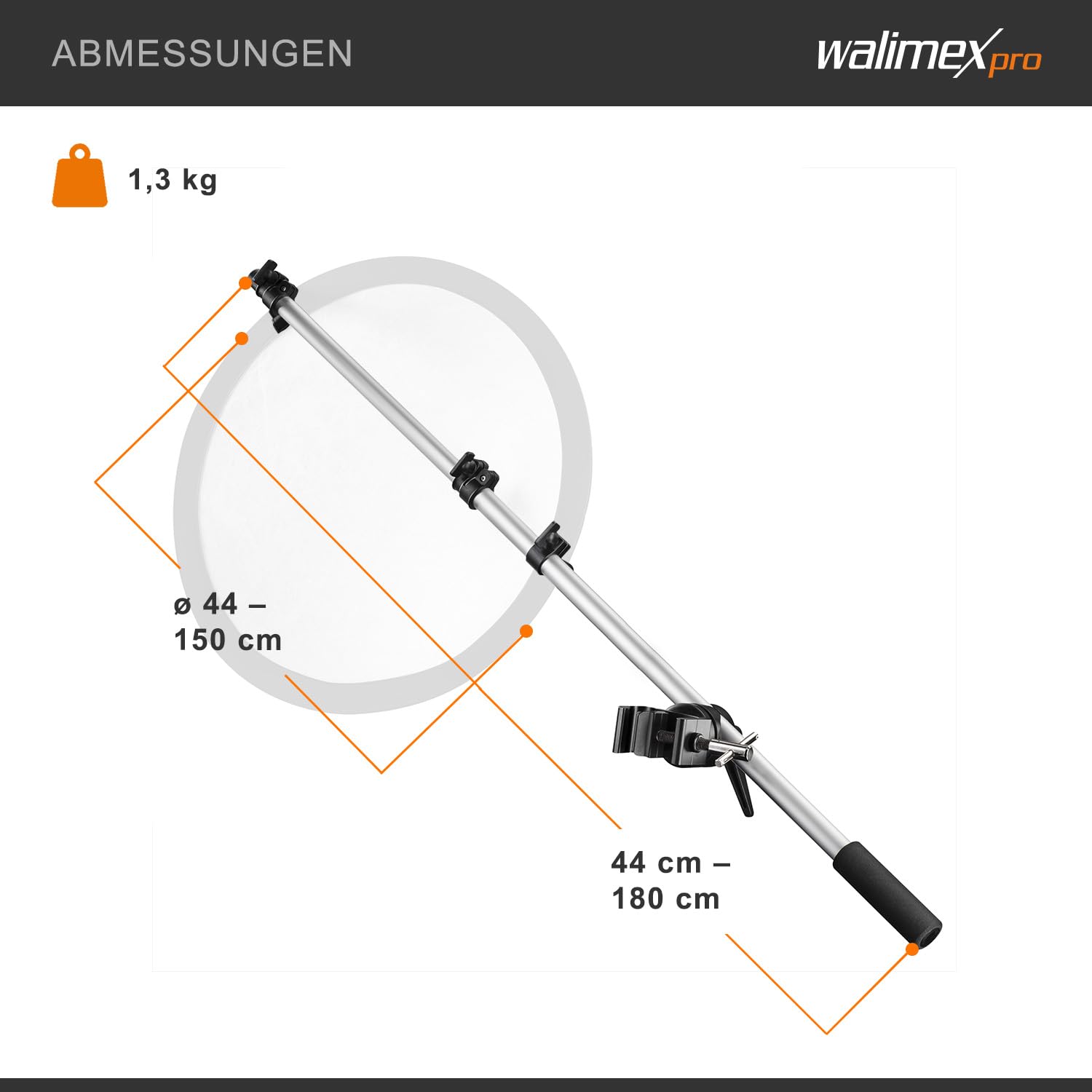Walimex pro Reflektorhalter mit Klemme 44-150 cm (inkl. Transporttasche)
