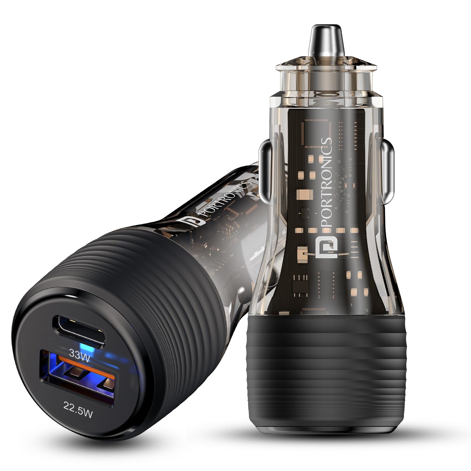 Portronics Car Power View Plus 55.5W Transparent Car Charger, Dual Port Fast Car Charger with 33W Type-C PD & 22.5W USB-A, Charge 2 Devices Simultaneously, for Smartphones, iPhones, Tablets, Earbuds