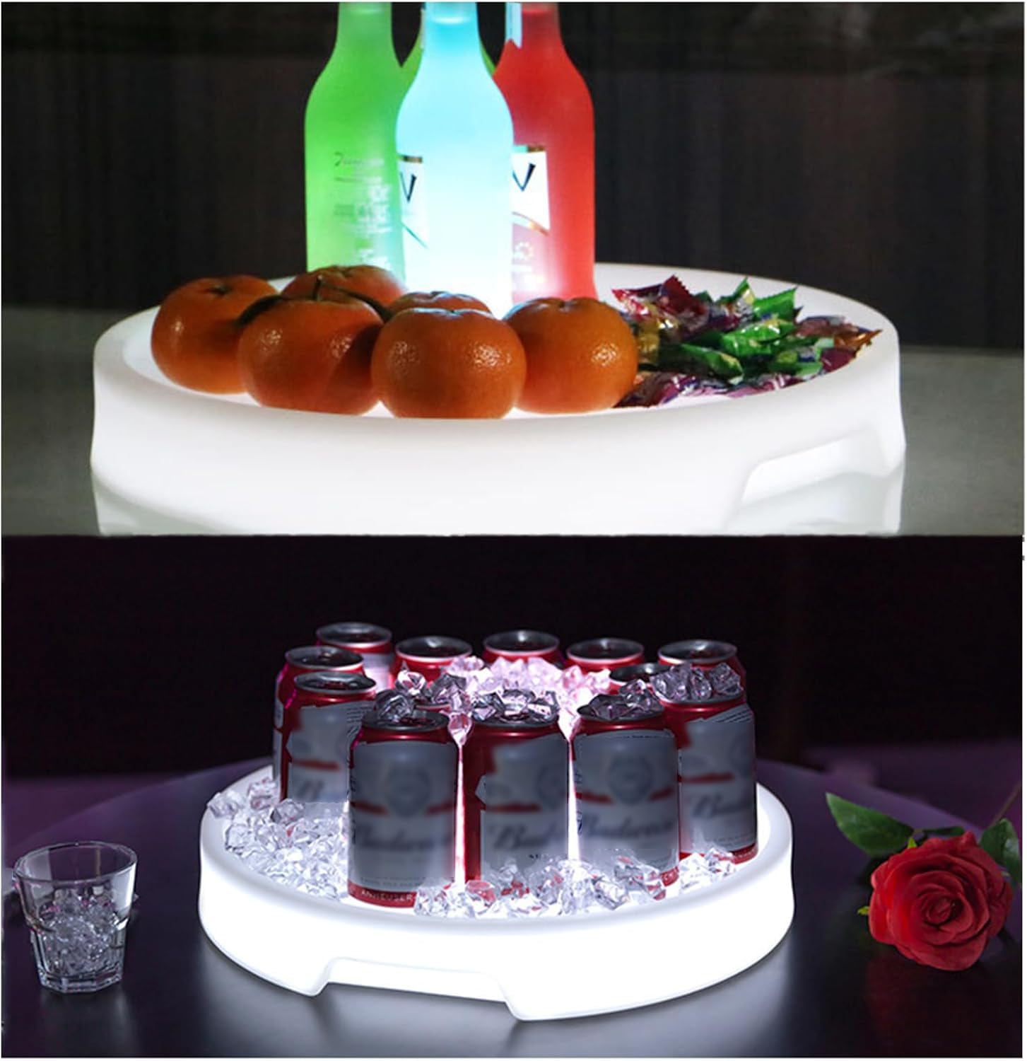 Bandeja de servir con luz LED, bandeja impermeable recargable con control remoto, 16 colores ajustables y 4 modos de degradado, ideal para fiestas temáticas de música y eventos