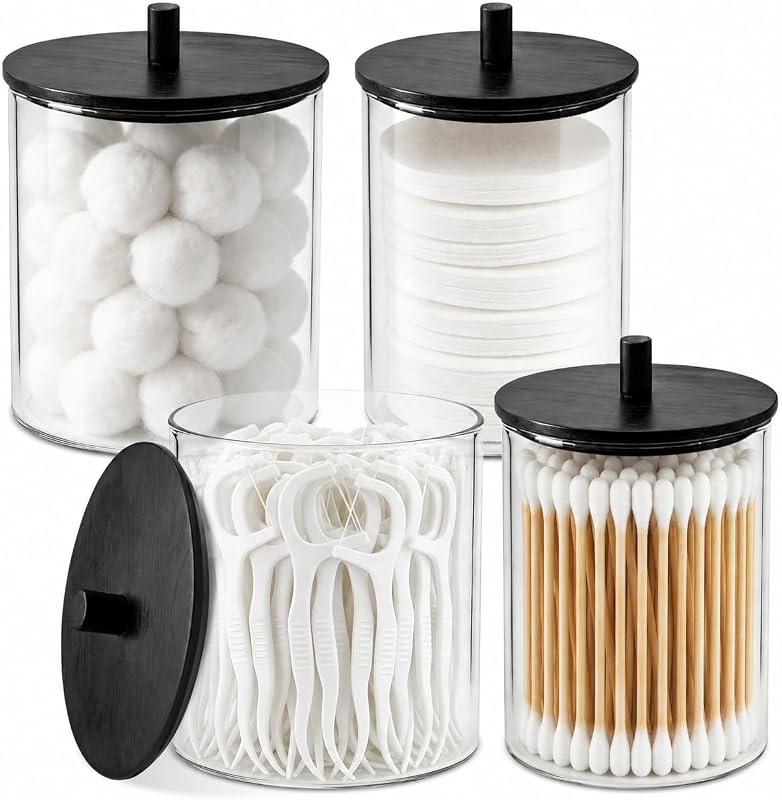 Conjunto PureRoot com 4 frascos de vidro para banheiro, tampas de madeira preta e etiquetas