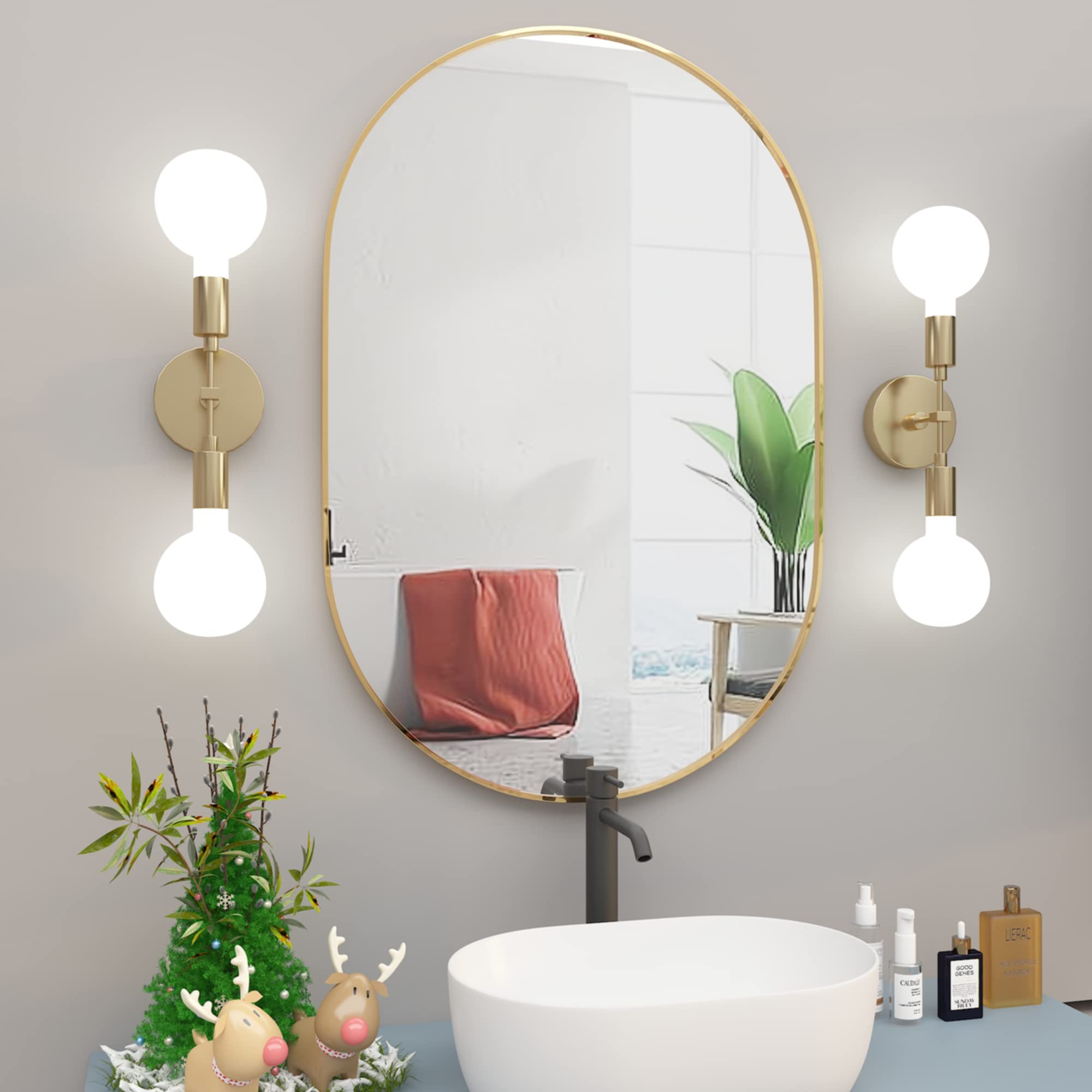 Ovale Miroir de Salle de Bain, 50x75cm Miroir Mural Ovale, Doré Miroirs Ovales pour Meubles Lavabos, Capsule Miroir Mural, Moderne avec Cadre en métal doré pour Chambre à Coucher