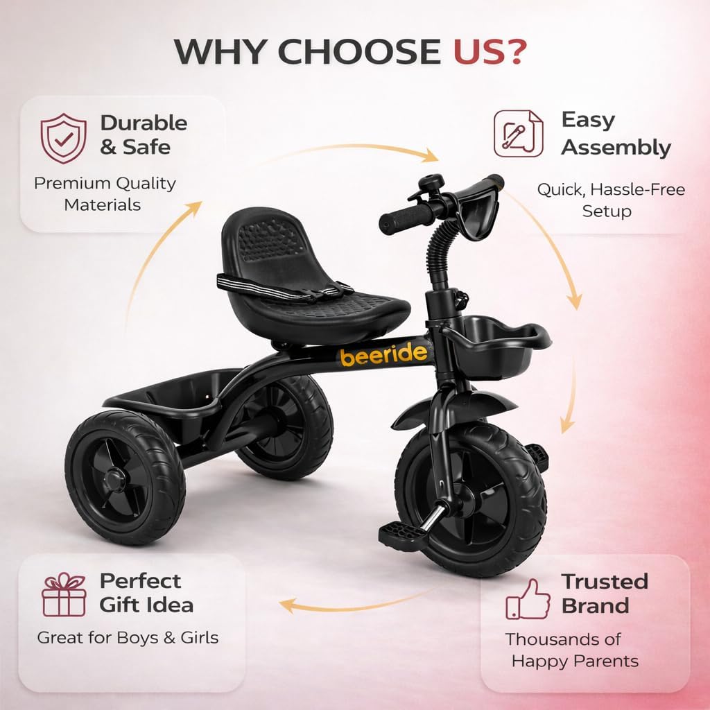 Smart & Safe Kids Tricycle with EVA Wheels, Storage Basket & Seat Belt | Kiddo 3-Wheel Tricycle Cycle for Toddlers Age 3–5 Years | Red Baby Tricycle for Boys & Girls (Black)