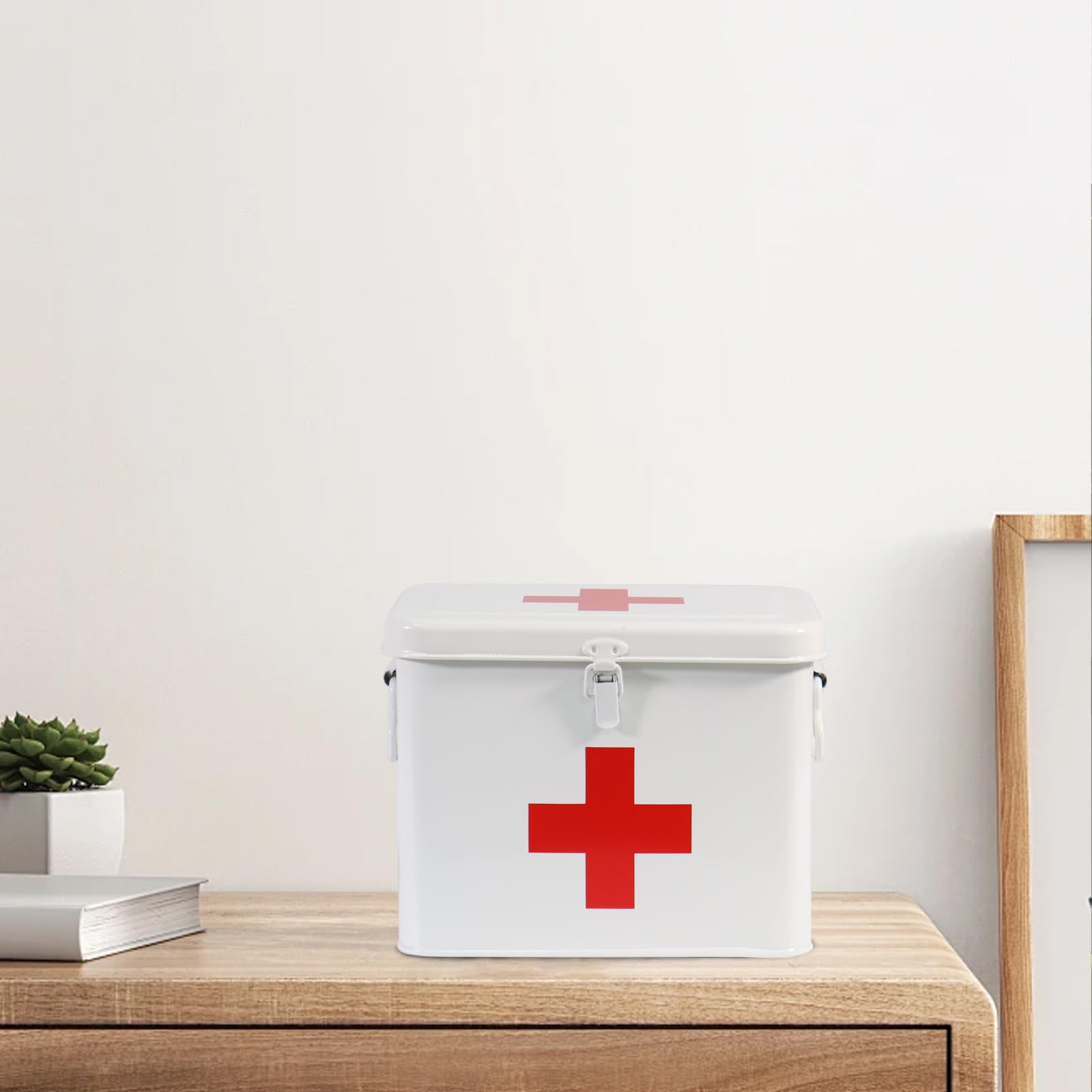 Porta Medicine, Contenitore Per Medicine Domestiche, Organizer Medicinali 2 Strati in Metallo, Cassetta Pronto Soccorso, Adatto allo Stoccaggio di Prodotti Farmaceutici 20.5 x 13.5 x 16.5 Cm - Bianco