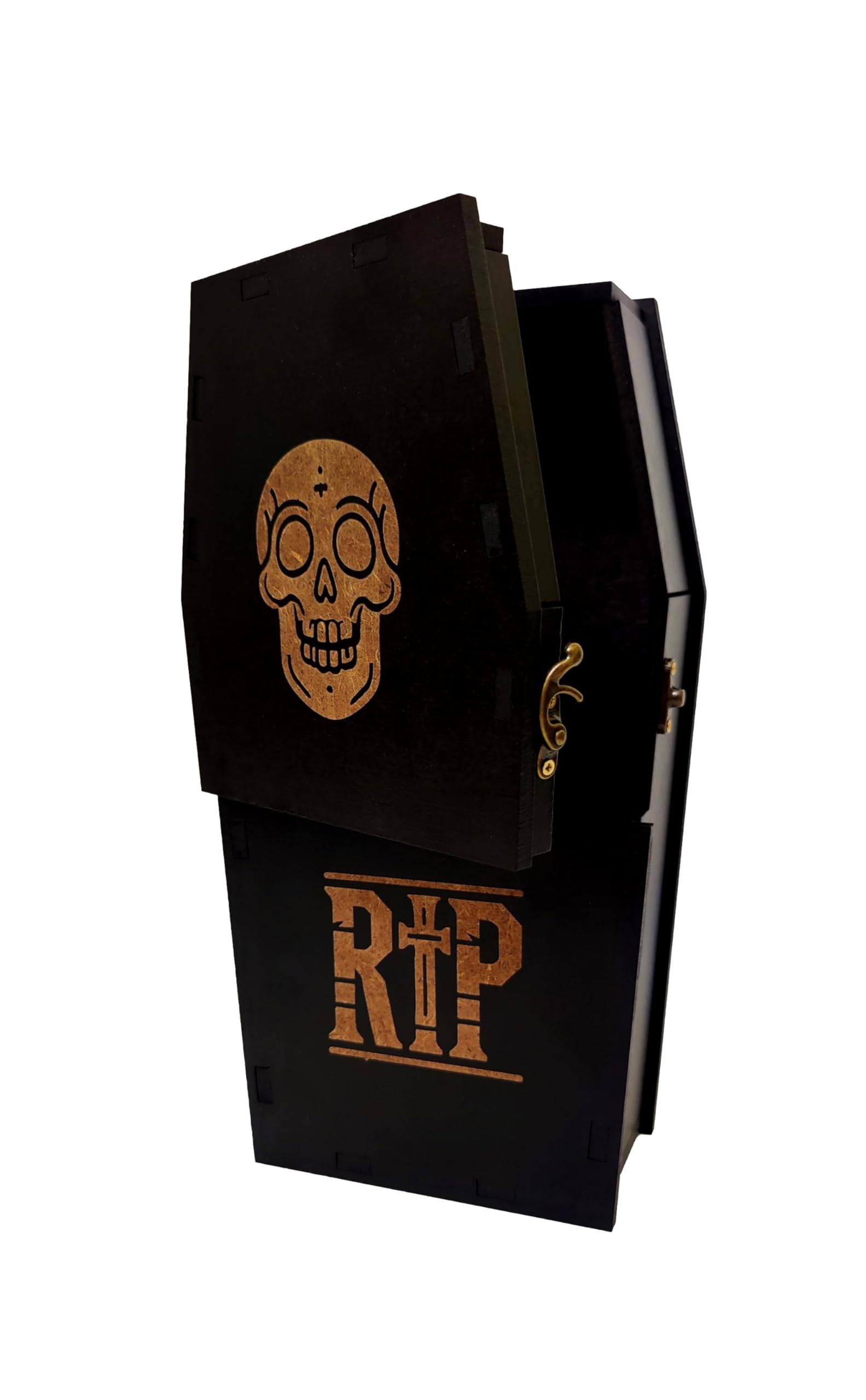 Wooden World - Scatola contenitore a forma di bara - con motivo di teschio e scritta RIP Decorazione di Halloween - nera