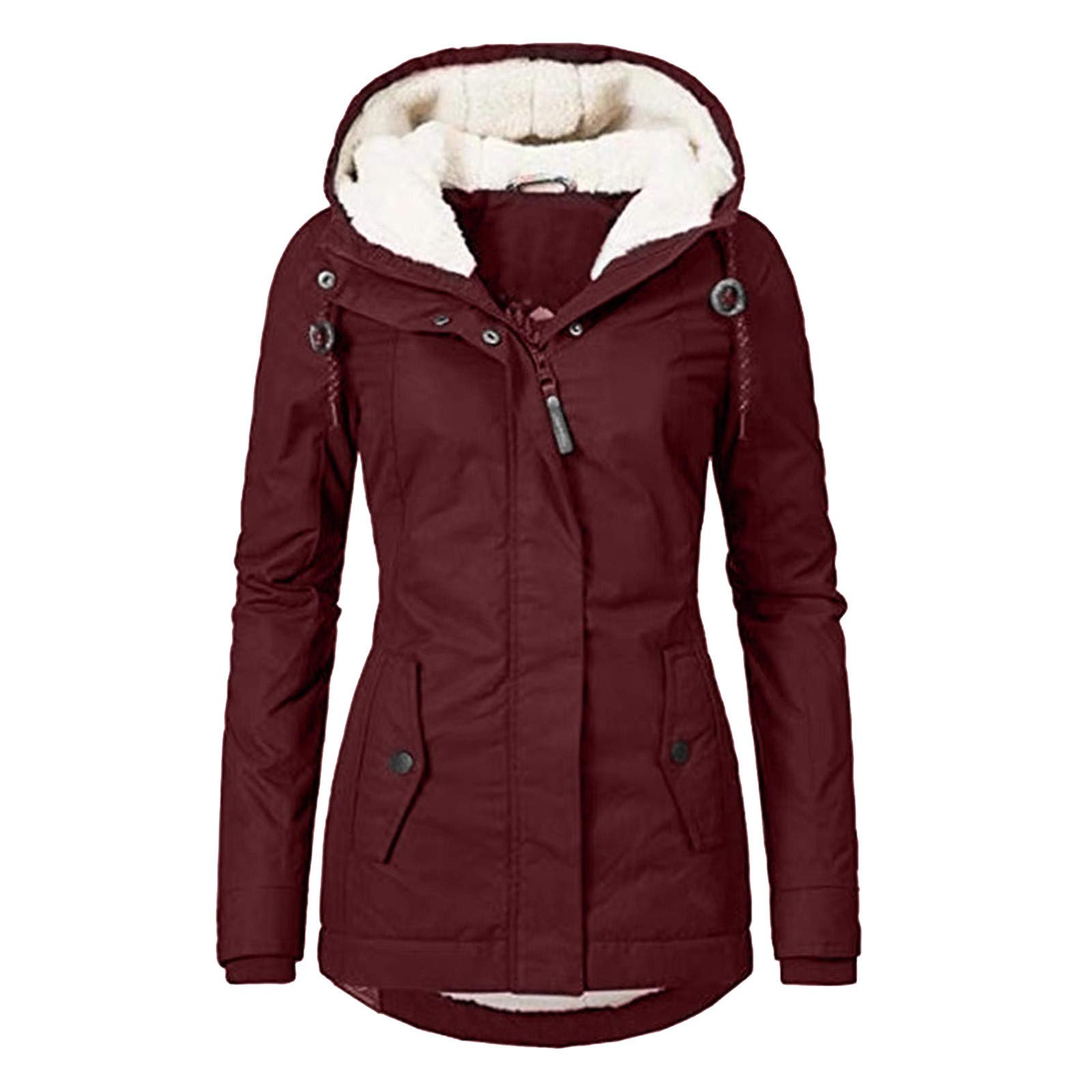 FUPODD Winterjacke Damen Warm Gefüttert Wintermantel Mittellang Damen-Jacken Mit Kapuze Parka Winter Jacke Mit Knöpfen Zipper Winterparka Innenfutter Warme Mantel Dicke Winterjacken Frauen Outdoor