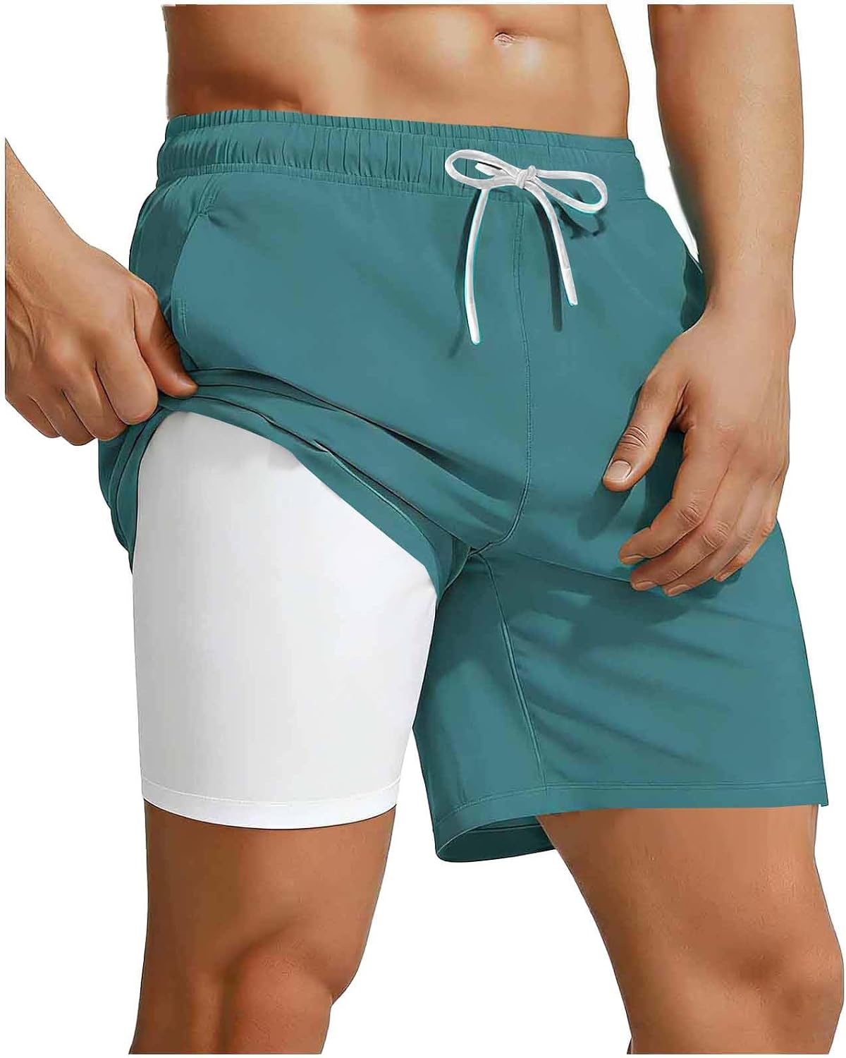 Swim Trunks with Compression Liner for Men Big and Tall Quick Dry Shorts Classic Elastic Waist Beach Bathing Suit