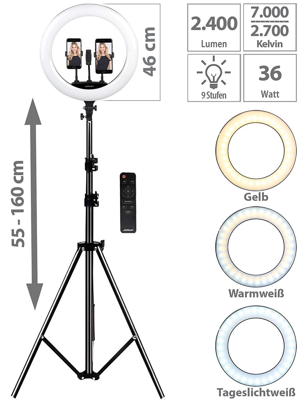 Somikon LED-Ringlicht Stativ: XL-LED-Ringlicht mit Smartphone-Halter, Ø 46 cm, Versandrückläufer (Handy Stativ, Selfie, iPad)
