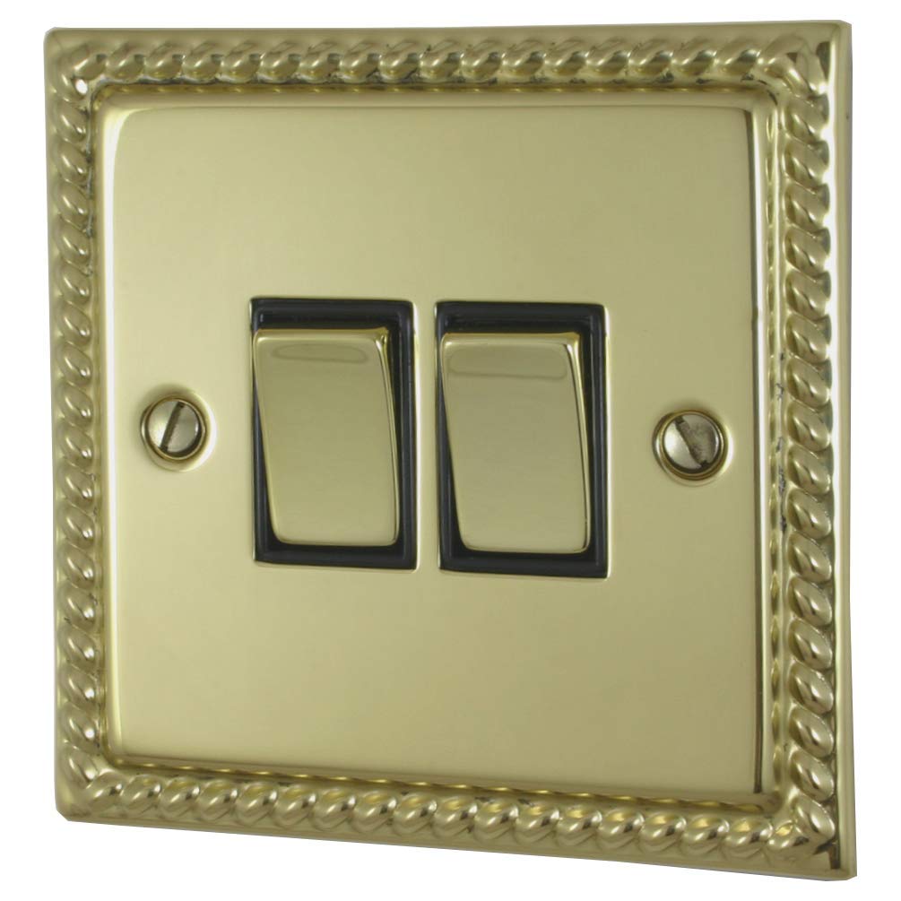G&H Brassware MB302 2-Way Two Gang Georgian Polished Brass Light Switch - Metal Rockers and Black Inserts