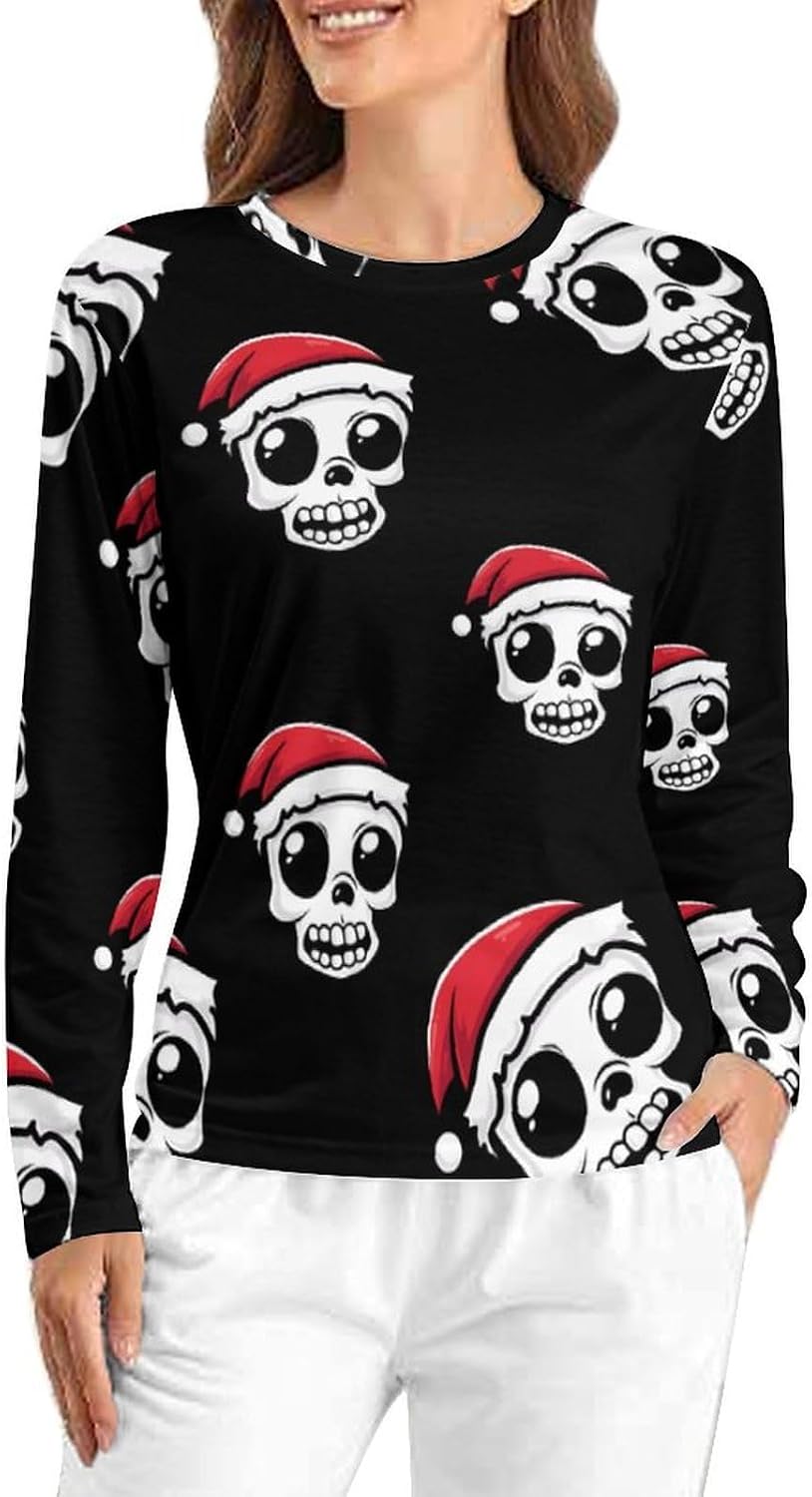 Skull Christmas Women's Pajama Top Sleepwear Pajamas Sleep T-Shirt Long Sleeve Shirt Crewneck Tee