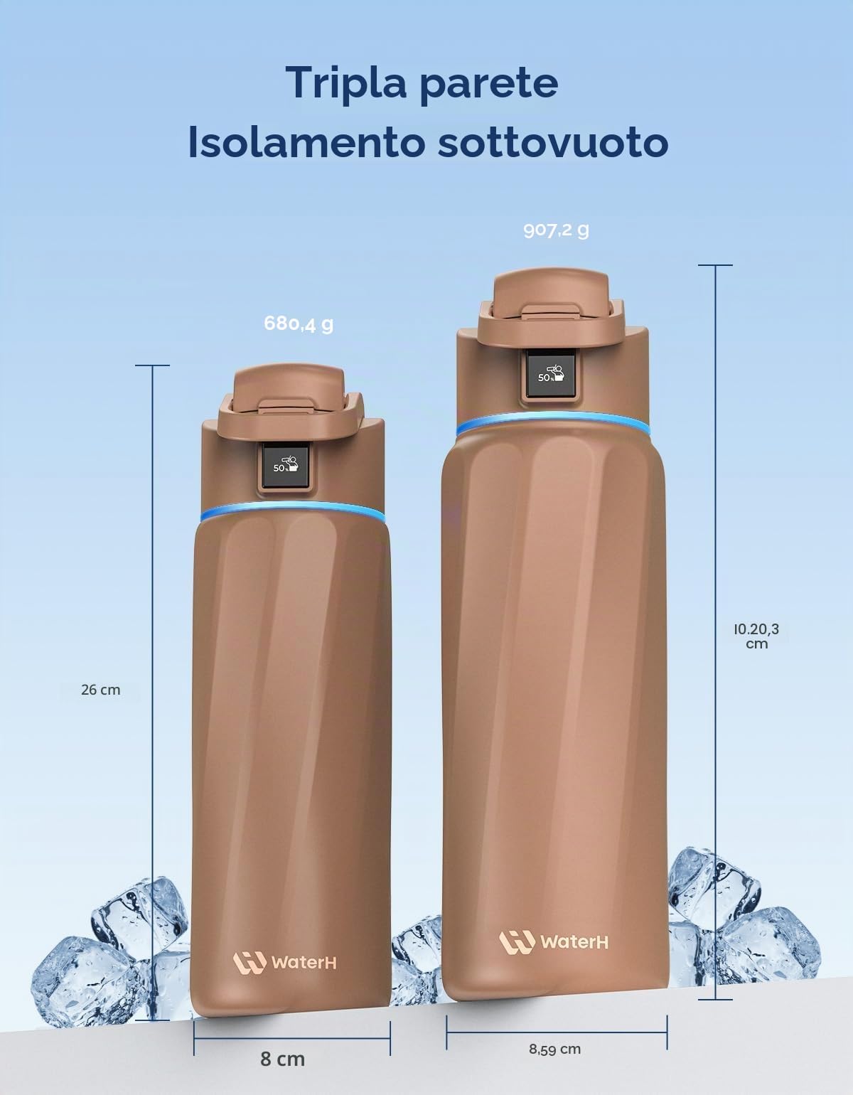 WATERH BOOST - Borraccia intelligente con promemoria idratazione e tracker, borraccia termica sottovuoto in acciaio inox, senza BPA, apertura larga, ideale per palestra, scuola, ufficio, 710 ml