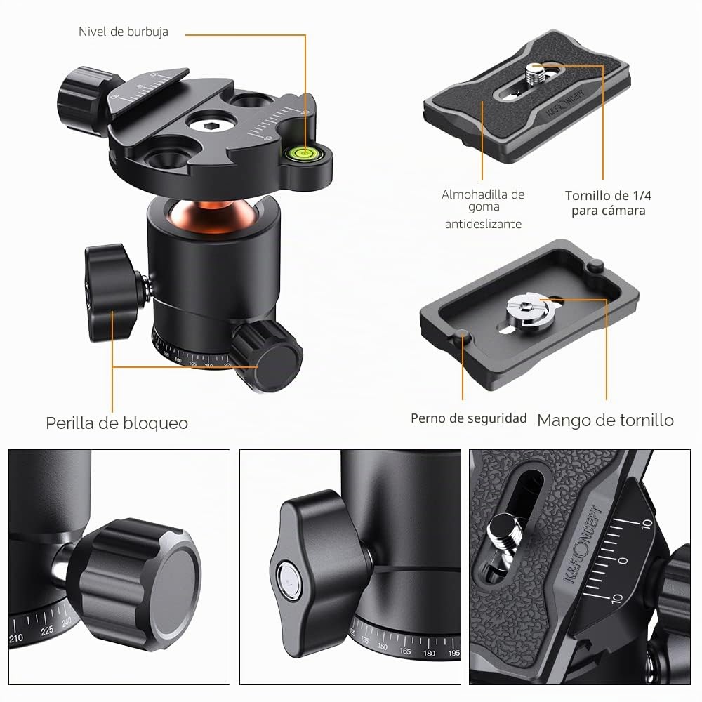 K&F CONCEPT BH-25 Cabeza de Bola de Trípode para Cámara con Placa de Liberación Rápida de 1/4'' y Nivel de Burbuja, Capacidad de Carga de 8 KG para Trípode, Monopié, Cámara