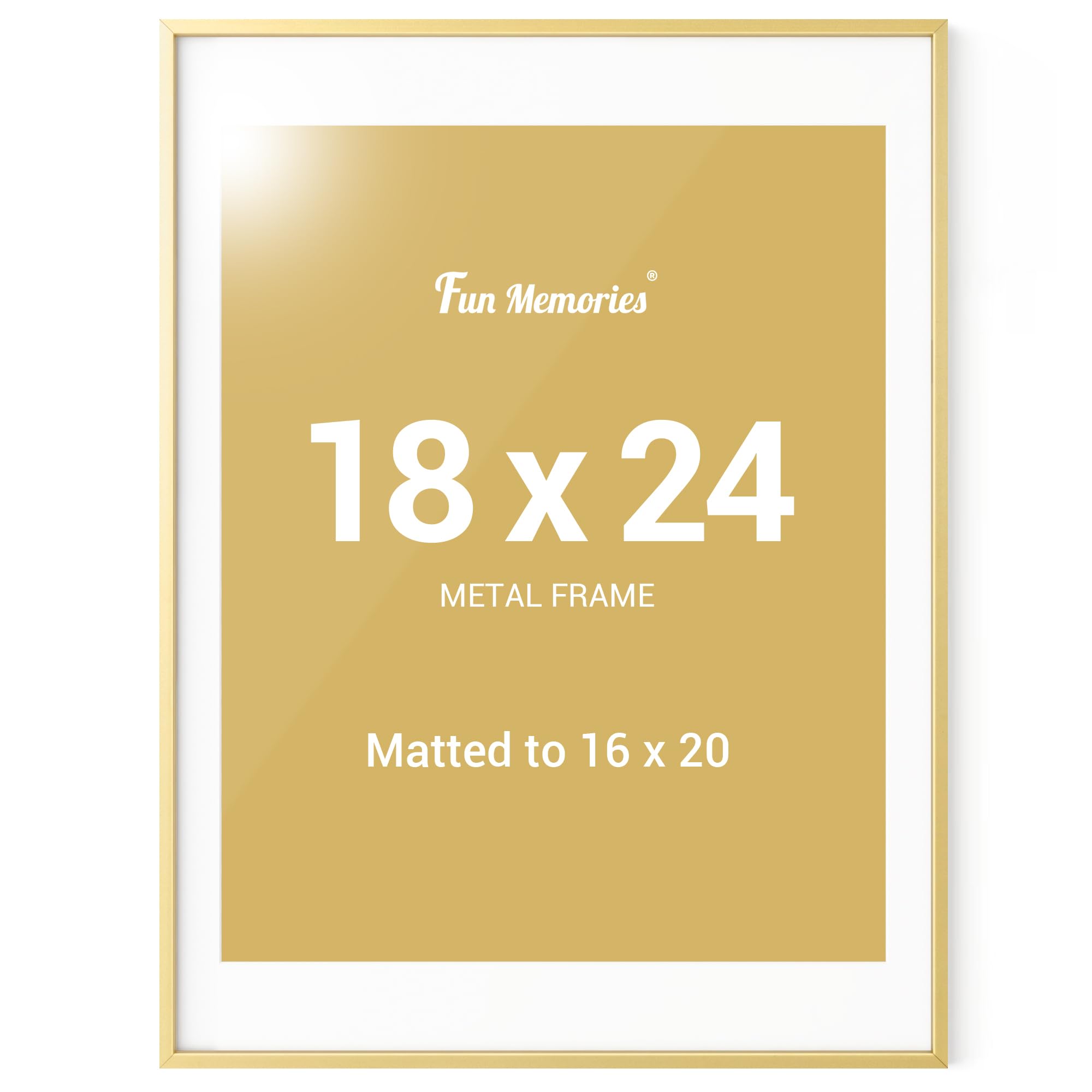 Fun Memories 18x24 Gold Frame, 18 x 24 Metal Poster Frame with Mat for 16x20 Photo - High Definition Plexiglass - Vertical and Horizontal Display - Wall Hook Hanging Hardware Included -Set of 1