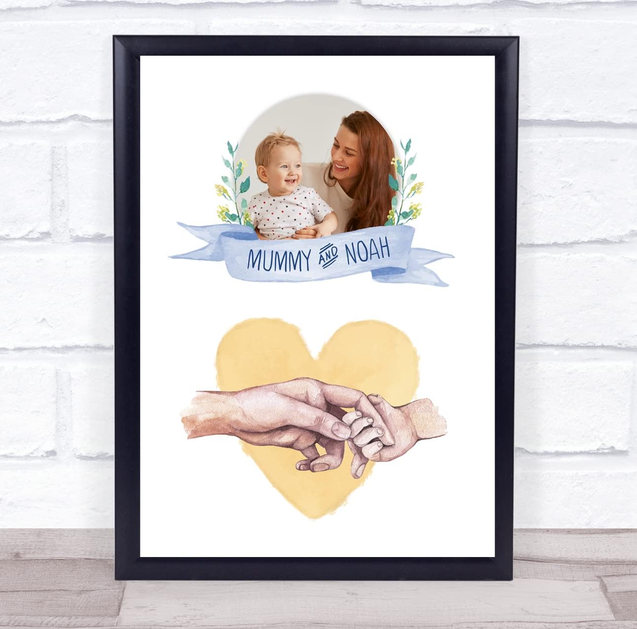 Mummy and Child Holding Hands Baby Toddler Photo Blue Yellow Gift Print