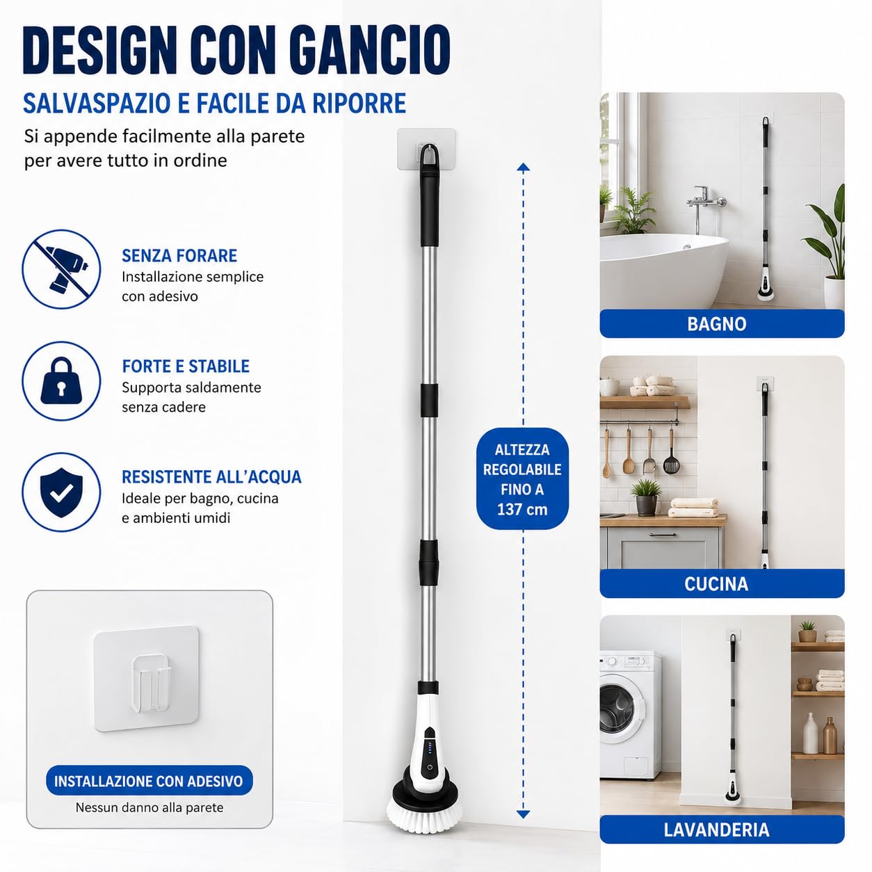 Spazzola Elettrica Rotante Senza Fili con Ricarica USB-C, 8 Testine Intercambiabili, Manico Telescopico Regolabile, Spazzola Elettrica per Bagno, Doccia, Cucina, Pavimenti e Auto