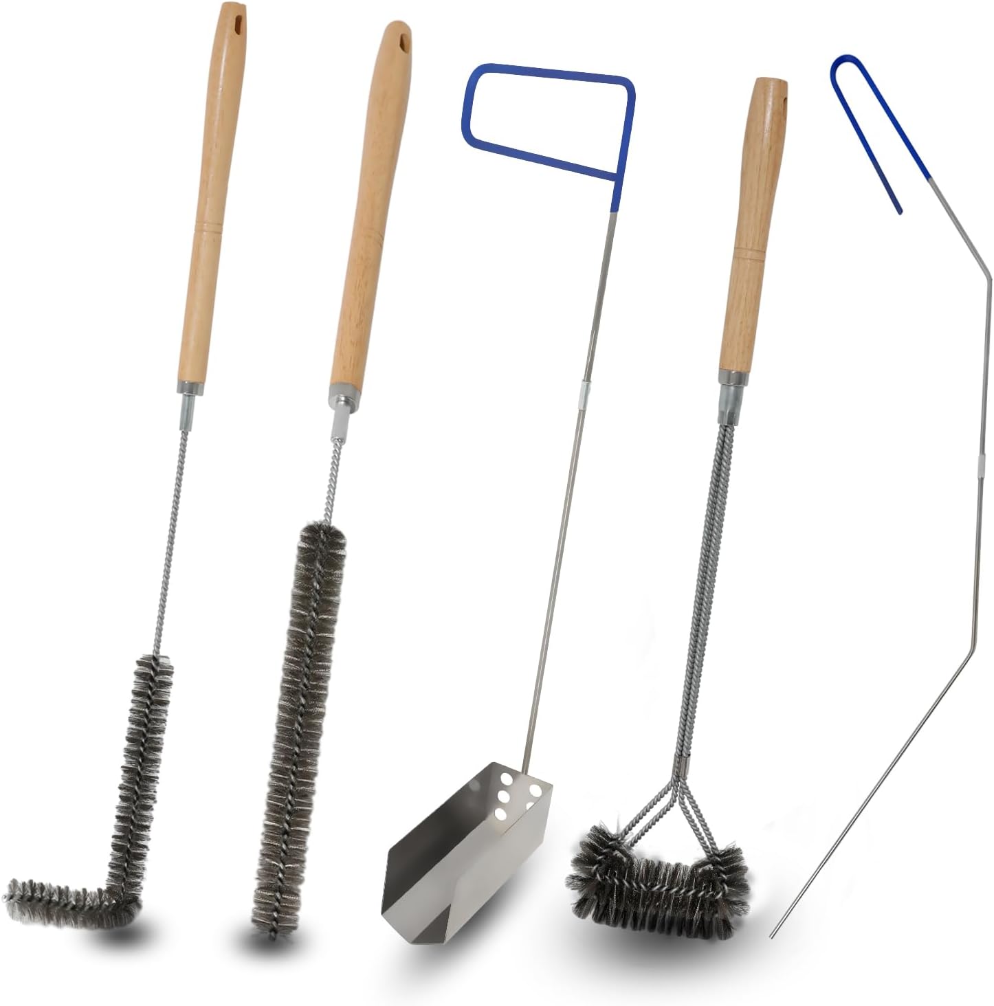 Fryer Cleaning Tool 5 Piece Set, Deep Fryer Basket Brush, Long Handle L-Shaped & Straight Crevice Cleaning Brush, Cleanout Rod Kit and V-Shaped Strainer Scoop for Commercial Kitchen, Fryer