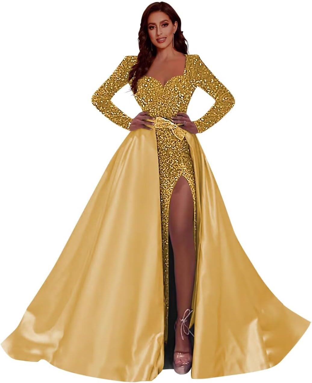 CWOAPO Long Sleeve Prom Dress with Slit Sequin Satin Ball Gown for Women Formal Evening Party Gown with Detachable Train