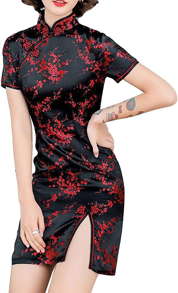 HFU Women's Cheongsam Costume Short Sleeve Side Slit Floral Print Mandarin Collar Evening Bodycon Cocktail Dress