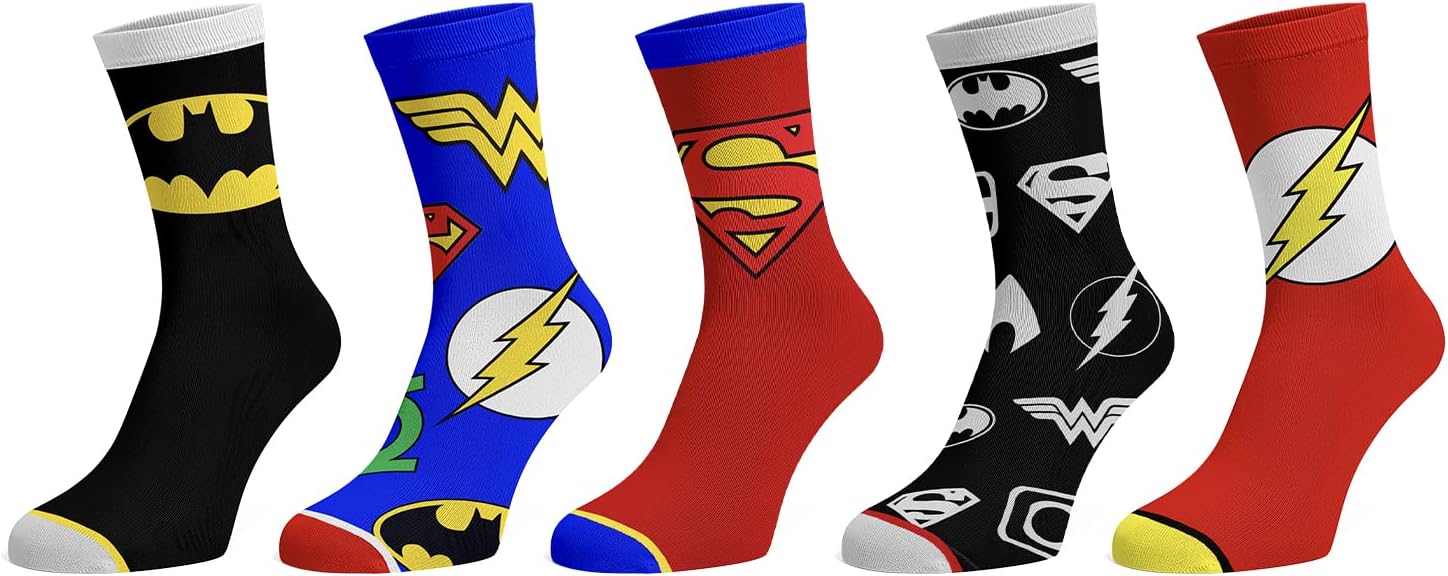 BioworldDC Comics Justice League Superhero Comic Character Crew Socks (Pack of 5 pairs), Multi, M