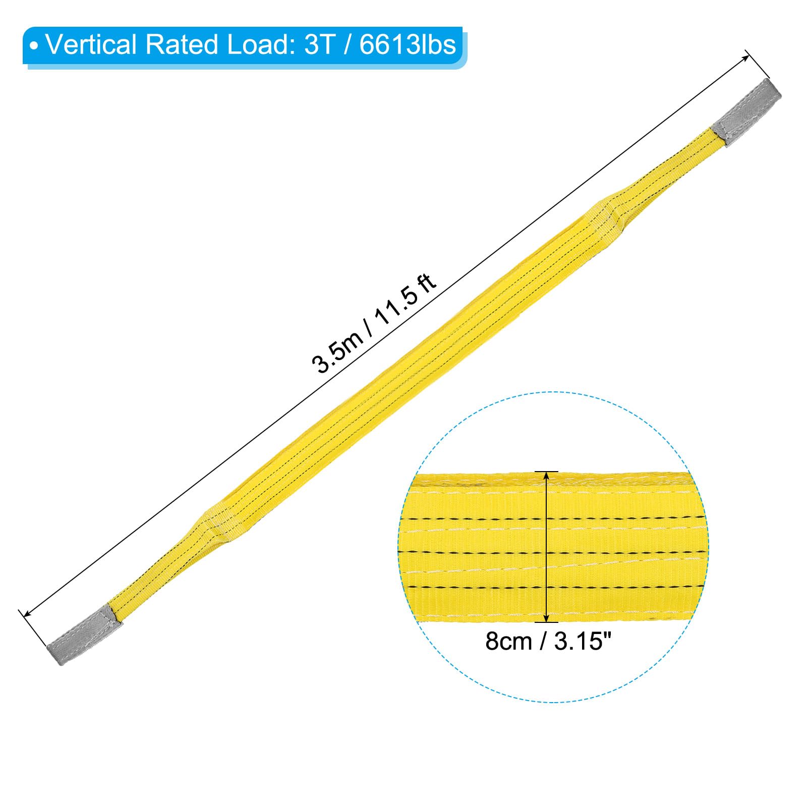 PATIKIL 3" x 11,5' Fascia di Sollevamento, 6613lbs Imbracature Sollevamento Piatte Occhio per Occhio, Cinghie Mobili Sollevamento Tessuto Poliestere a 2 Strati, Giallo