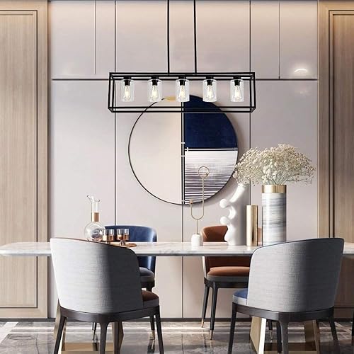 Miniatura 2 de Sivilynus Lámpara colgante de 5 luces negras para comedor, moderna isla de cocina, iluminación lineal, lámpara de granja con pantalla de vidrio