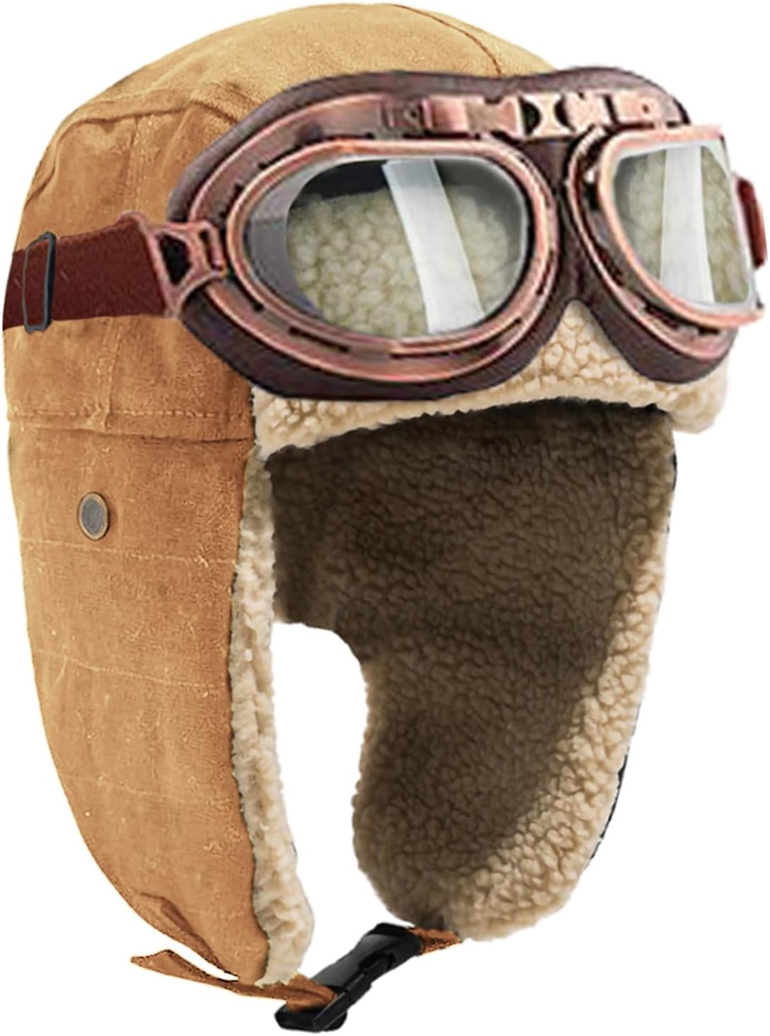 Aviator Hat with Goggles for Adult- Vintage Pilot Costume Cap Winter Fur Trapper Hat for Men Women Warm
