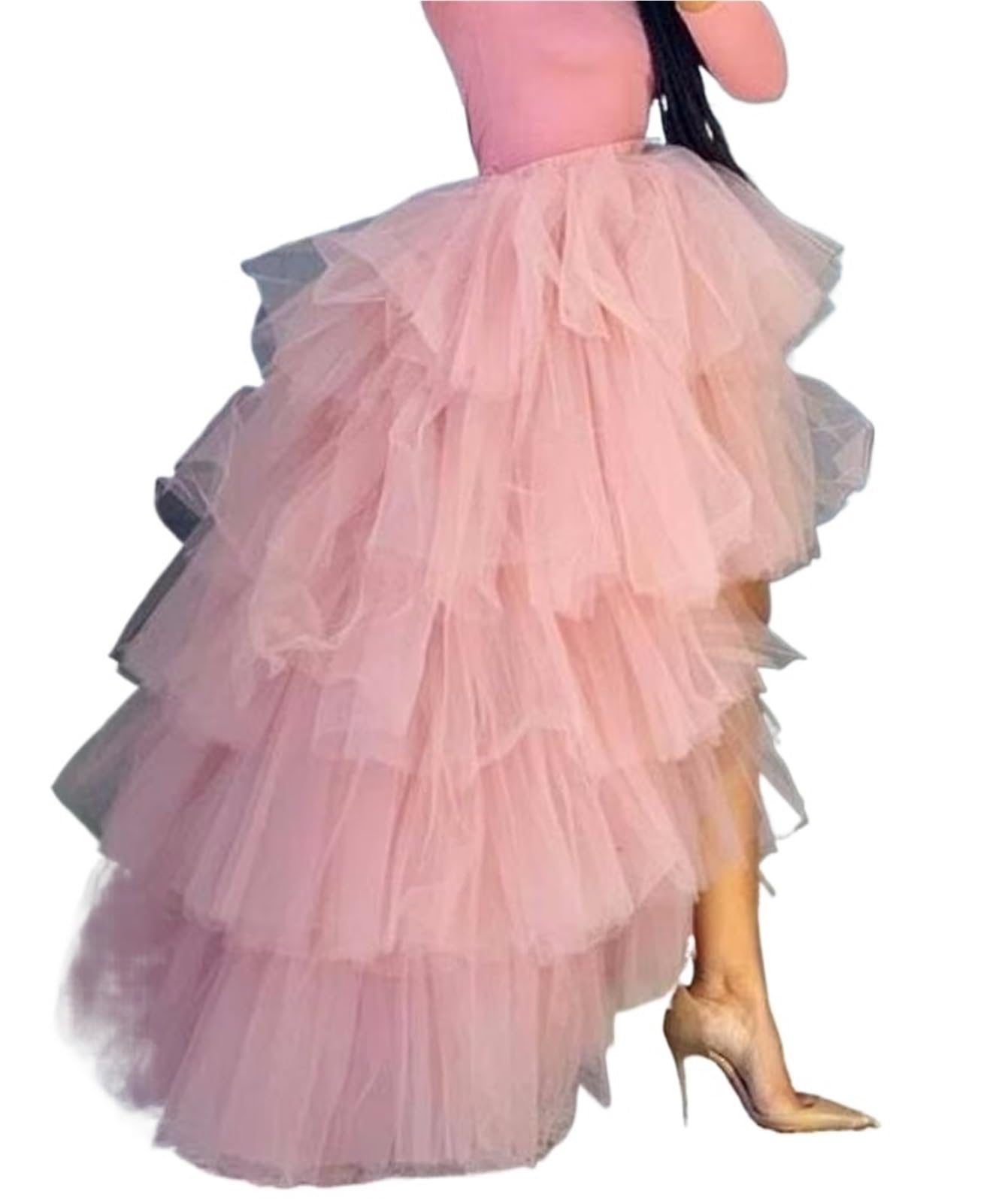 LXLAEOANG Gown Under Petticoat Layered Tulle Skirt Tiered Ruffles Asymmetrical Prom Skirt(Pink)