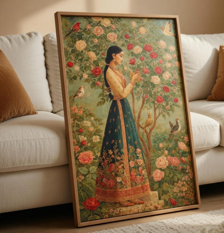 Image of Livin'luxe Vintage Floral Lady Wall Painting with Wooden Frame | Elegant Woman Garden Artwork HD UV Laminated MDF Wall Decor | Classic Nature Wall Art for Living Room Bedroom Decor