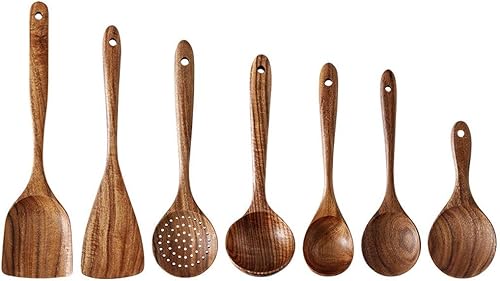 Juego de utensilios de cocina, juego de 7 herramientas de cocina de teca, vajilla de madera natural, cuchara de arroz, colador, kit de herramientas