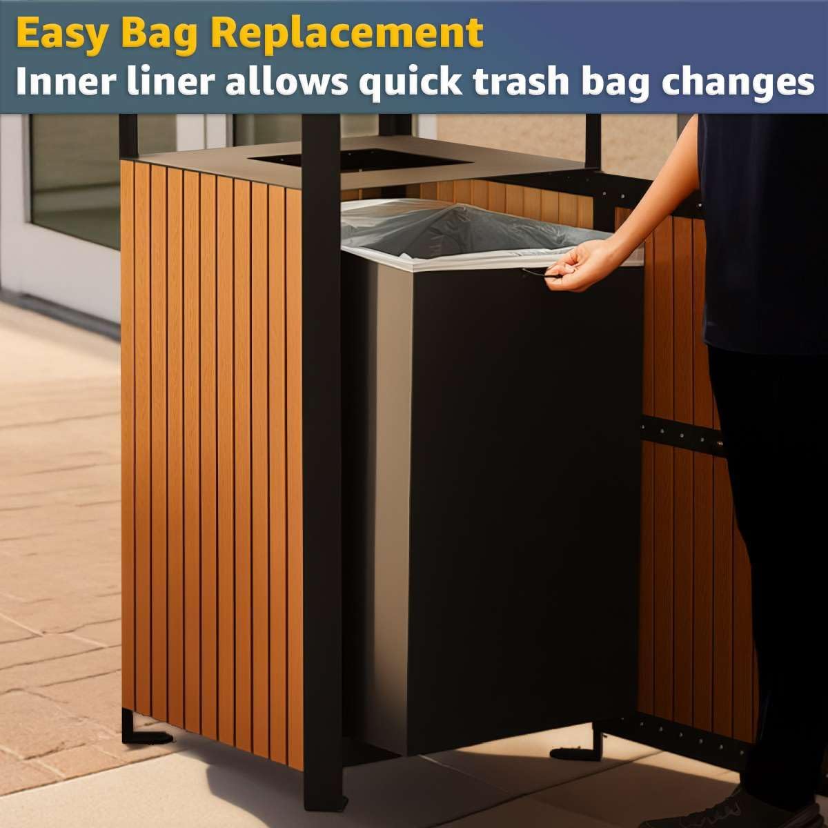 49 Gallon Commercial Outdoor Trash Can with Covered Top - Durable Steel and Wood Composite Garbage Bin with Liner and Side Door - Large Capacity Decorative Waste Container for Parks, Transit, Retail