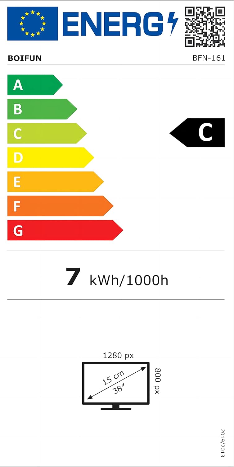 Etykieta energetyczna UE dla wyświetlacza BOIFUN BFN-161, pokazująca klasę efektywności energetycznej C i zużycie energii na poziomie 7 kWh/1000h.