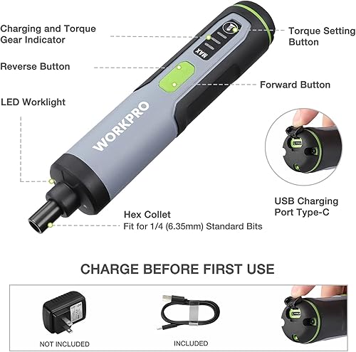 Miniatura 2 de WORKPRO Destornillador eléctrico de 4 V, juego de destornilladores inalámbricos recargables con 35 puntas, barra de extensión, cable de carga USB en