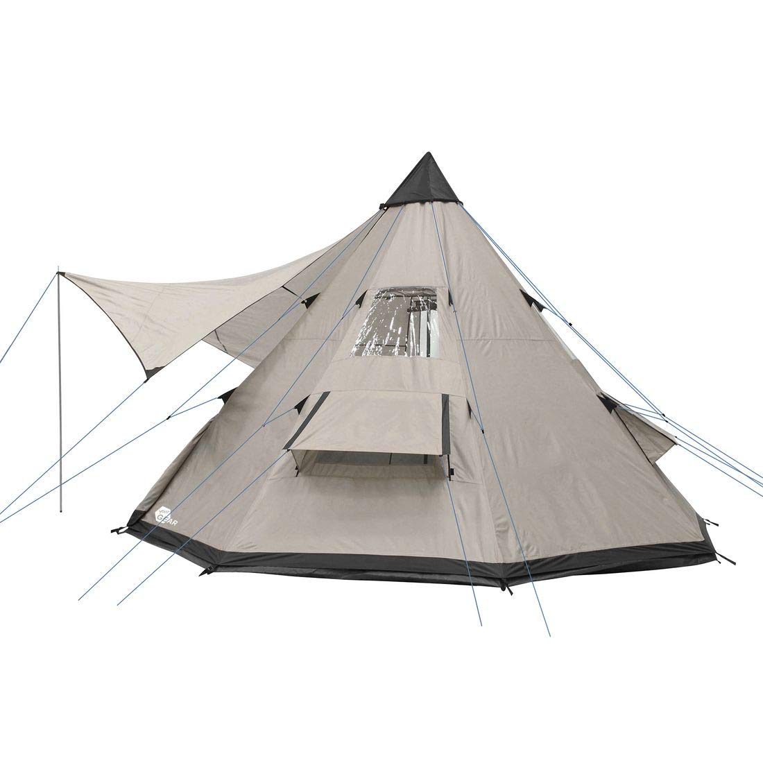 your GEAR Tente Numana 400 Tente tipi familiale 4-6 Personnes auvent Hauteur Libre Tapis de Sol Cousu imperméable 5000 mm Gris Beige