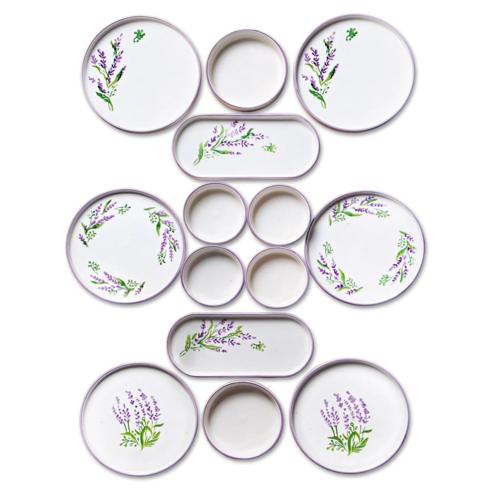 14-teiliges Frühstücksset für 6 Personen – Stackable Lavendel Serie – Handbemaltes Kütahya-Keramikgeschirr mit Servierplatten – Spülmaschinengeeignet & stapelbar
