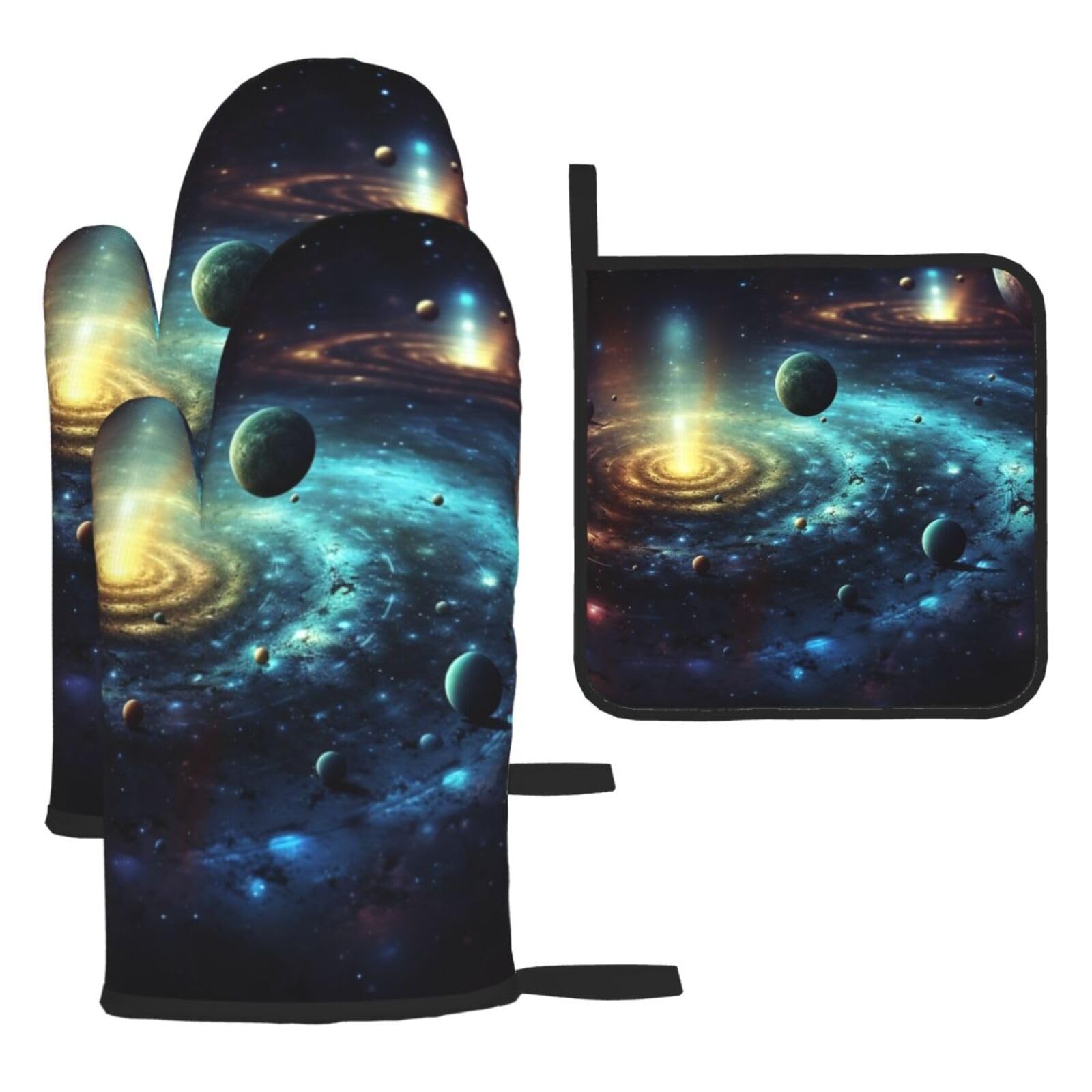 Oven Mitts and Pot Holders Sets of 3 Outer Space Planets Oven Mitts 3 Pcs Heat Resistant Non Slip Ovens Gloves Hot Pads Kitchen Gloves Potholders for Baking Cooking BBQ Grilling