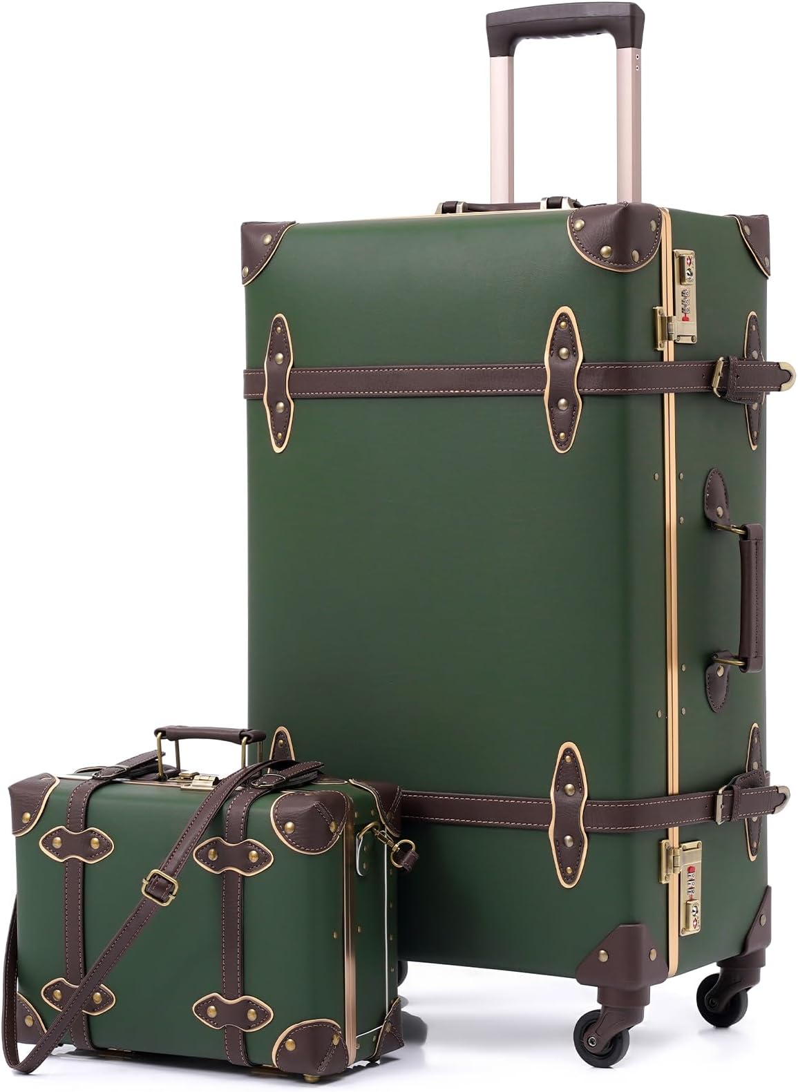 urecity 26" Vintage Luggage Set, 2 Piece Army Green Retro Checked Suitcase with Cosmetic Case, Luxury Vegan Leather Aluminum Frame Spinner Trunk for Women (with Protective Clear Cover)
