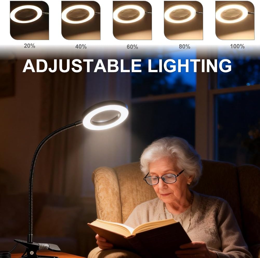 Magnifying Glass Desk Lamp with Clamp, 12 Brightness Levels, 3 Color Modes Clamp Light for Reading, Crafting, Painting, Close Work (White)