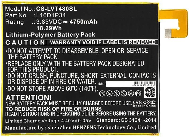 Sparepart Battery for Lenovo Tablet 18.29Wh Li-Pol 3.85V 4750mAh, L16D1P34 (18.29Wh Li-Pol 3.85V 4750mAh Black for Lenovo Tablet Tab4 8, Tab4 8 Plus, TB-8504N, TB-8504X, TB-8704X)