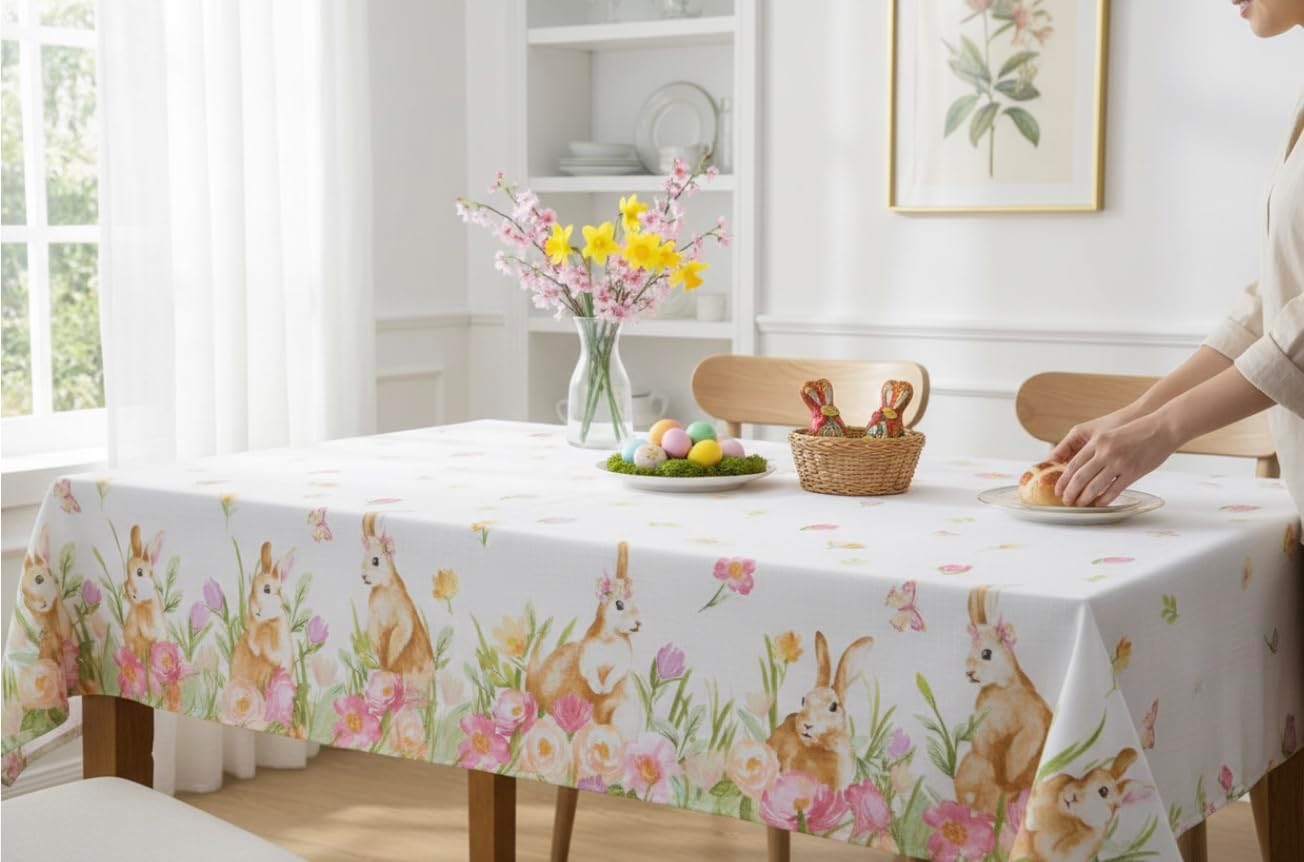 Elrene Bunnies at Play Printed Easter Fabric Tablecloth - Bunnies Among Field of Pastel Flowers and Butterflies (60 x 102 Oblong)