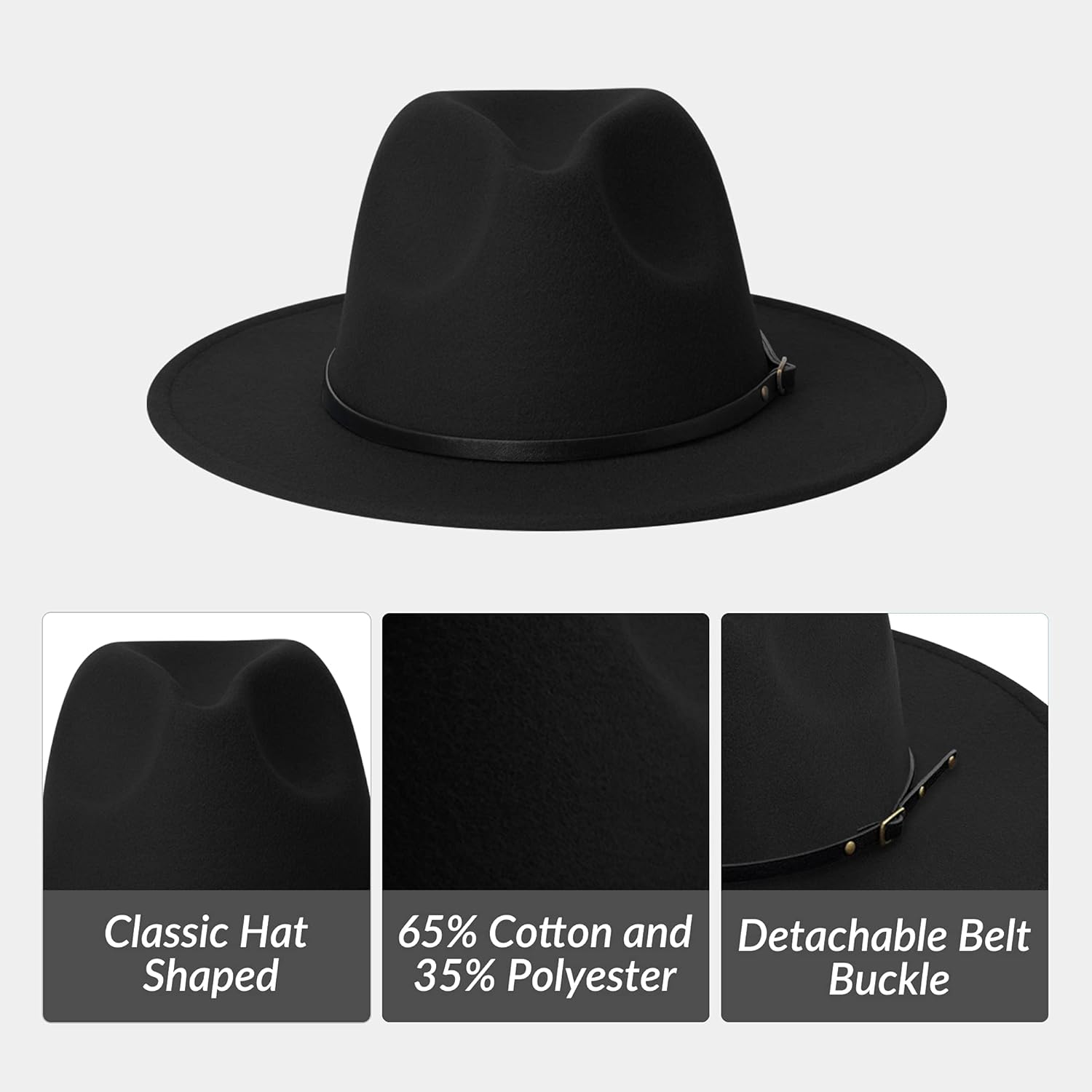 jingsha Fedora Hats for Men & Women Wide Brim Fedora Felt Panama Hat Men's Dress Hats with Belt Buckle - Image 3