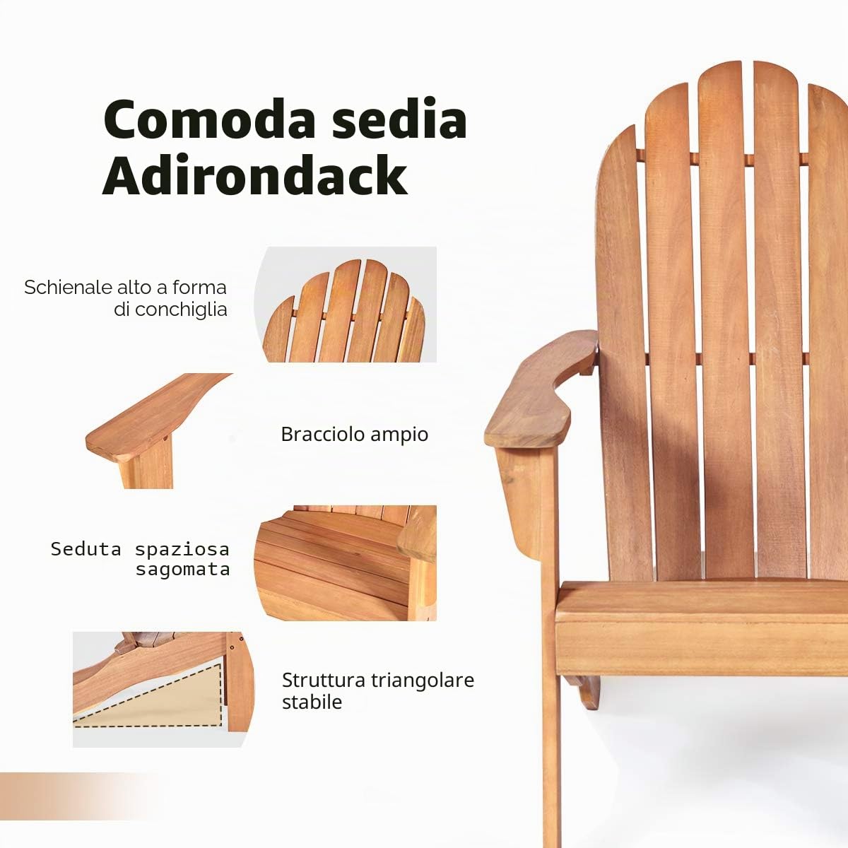 KOMFOTTEU Adirondack - Sedia da giardino in legno di acacia con schienale e braccioli, ergonomica, in legno, fino a 160 kg, per balcone, giardino, spiaggia (naturale)