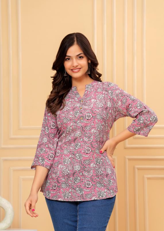 Image of Women's Cotton Printed Kurta Top | 3 /4 Sleeve Straight Kurti Casual Outings