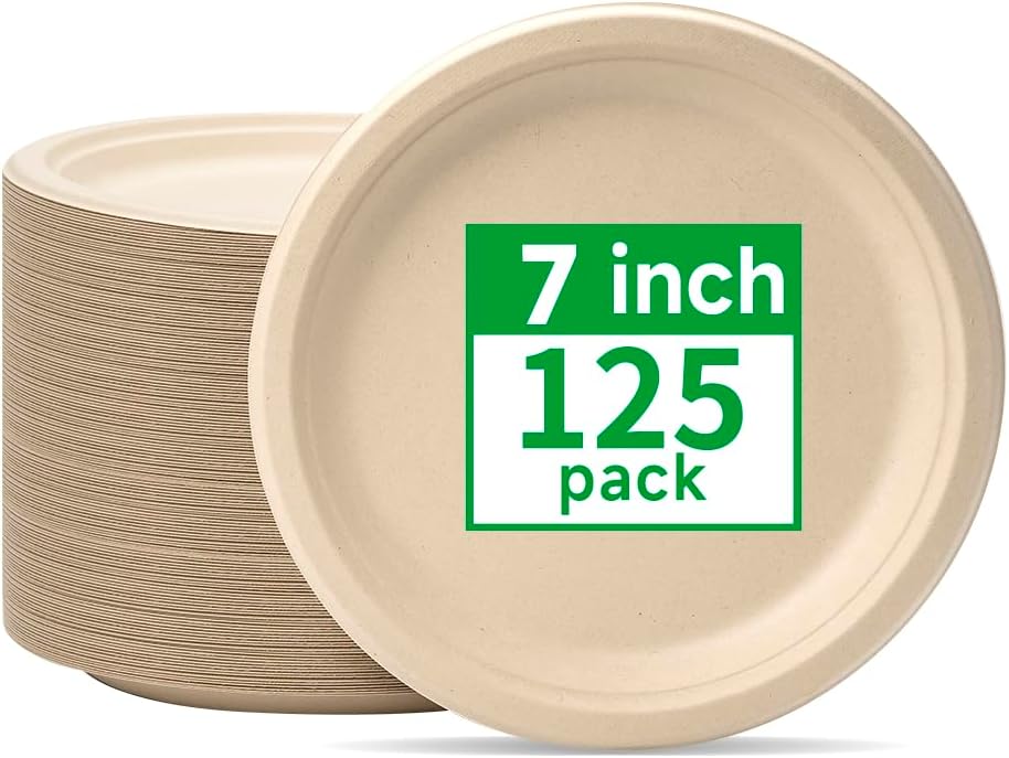 RACETOP Compostable Paper Plates 7 Inch [125 Pack], Disposable Biodegradable Heavy Duty Paper Plates, Made of Natural Sugarcane Fibers, Unbleached Brown, Round